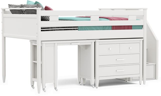 Kids Modern Colors White Full Step Loft with Loft Chest and Desk