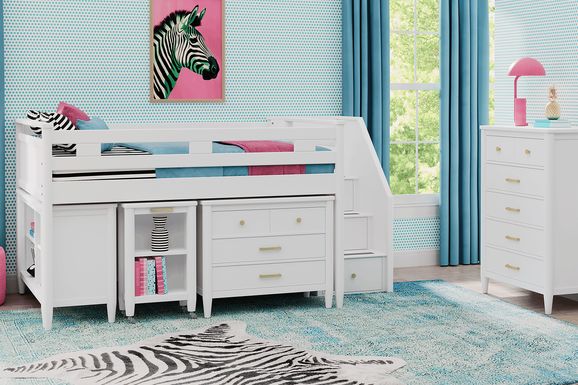 Kids Modern Colors White Full Step Loft with Loft Chest, Bookcase and Desk