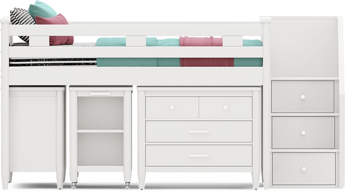 Kids Modern Colors White Full Step Loft with Loft Chest, Bookcase and Desk