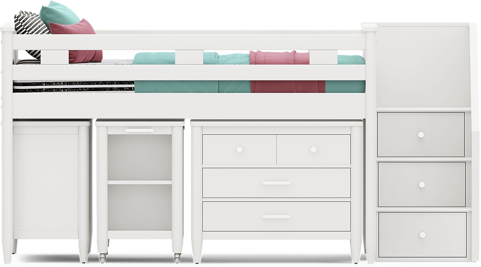 Kids Modern Colors White Full Step Loft with Loft Chest, Bookcase and Desk - Image 1