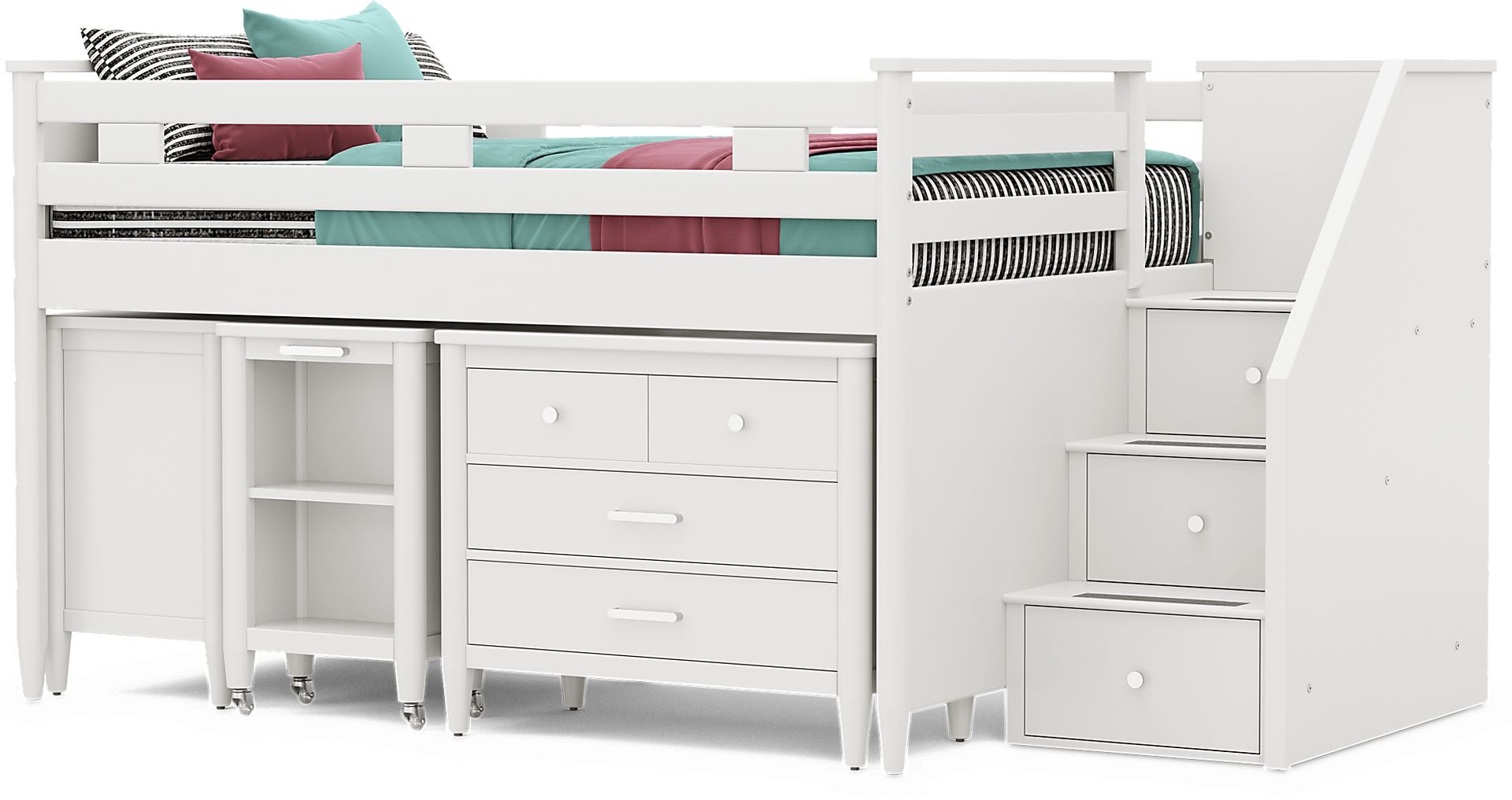 Kids Modern Colors White Full Step Loft with Loft Chest, Bookcase and Desk - Image 1