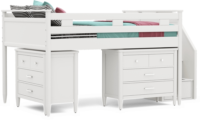 Kids Modern Colors White Full Step Loft with Loft Chests