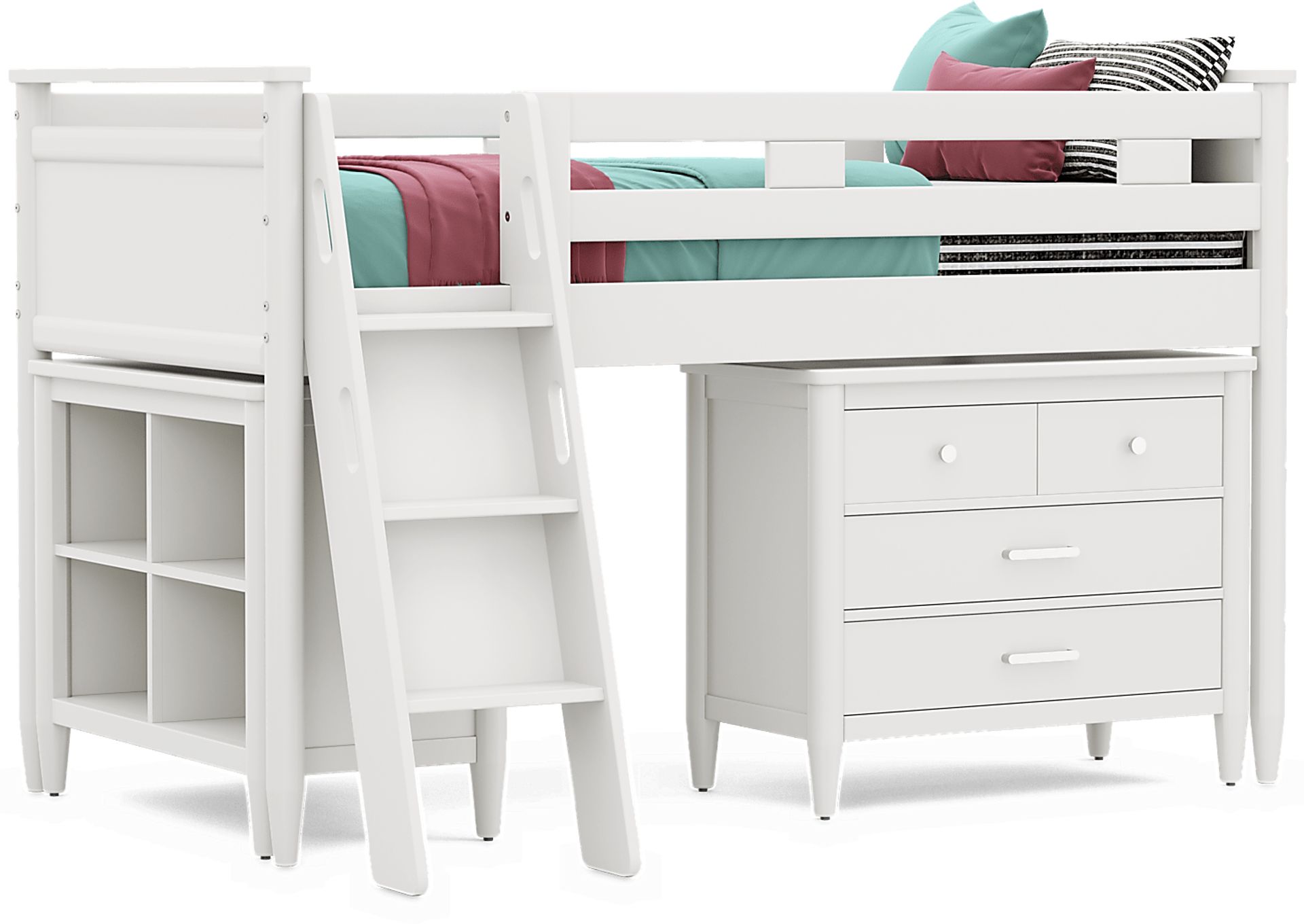Kids Modern Colors White Twin Loft with Loft Chest and Bookcase - Image 1