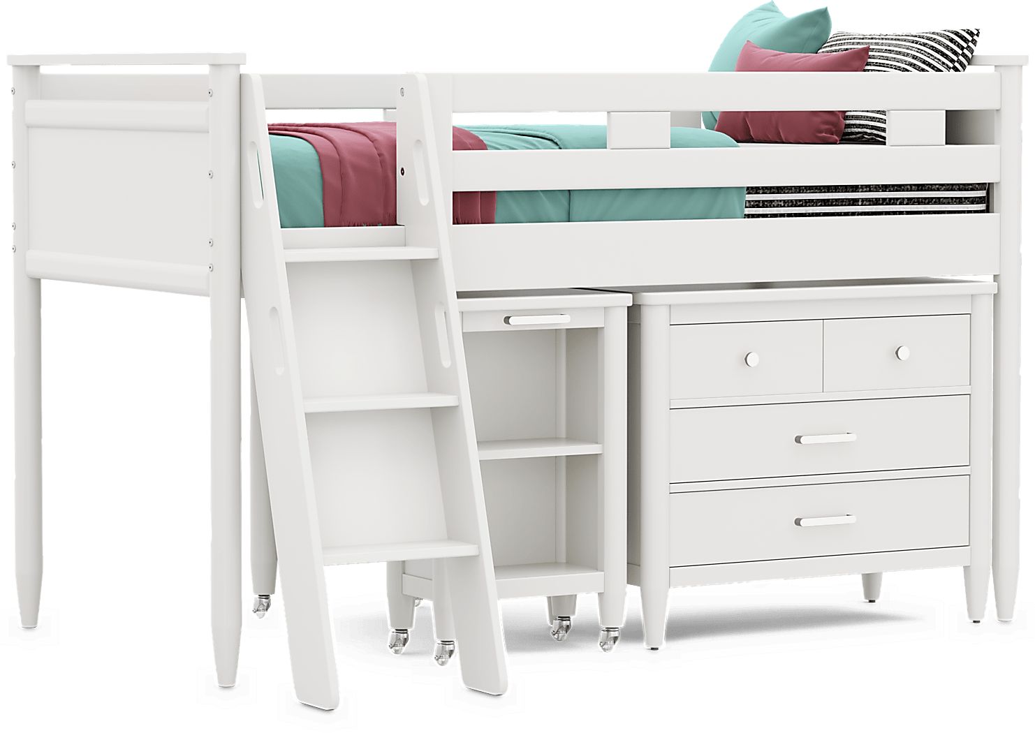 Kids Modern Colors White Twin Loft with Loft Chest and Desk
