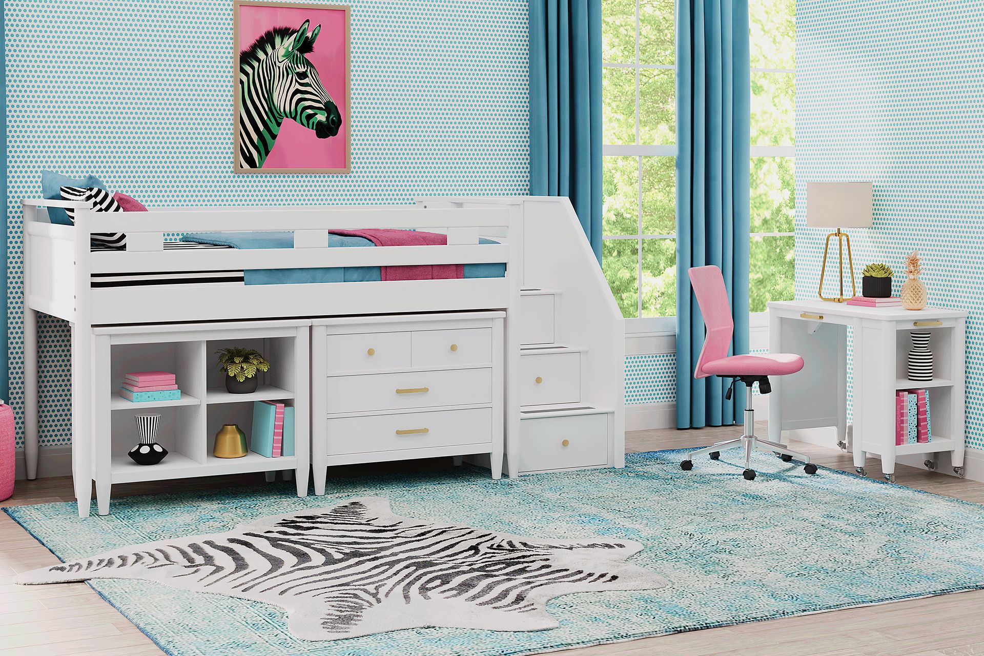 Kids Modern Colors White Twin Step Loft with Loft Chest and Bookcase - Image 2