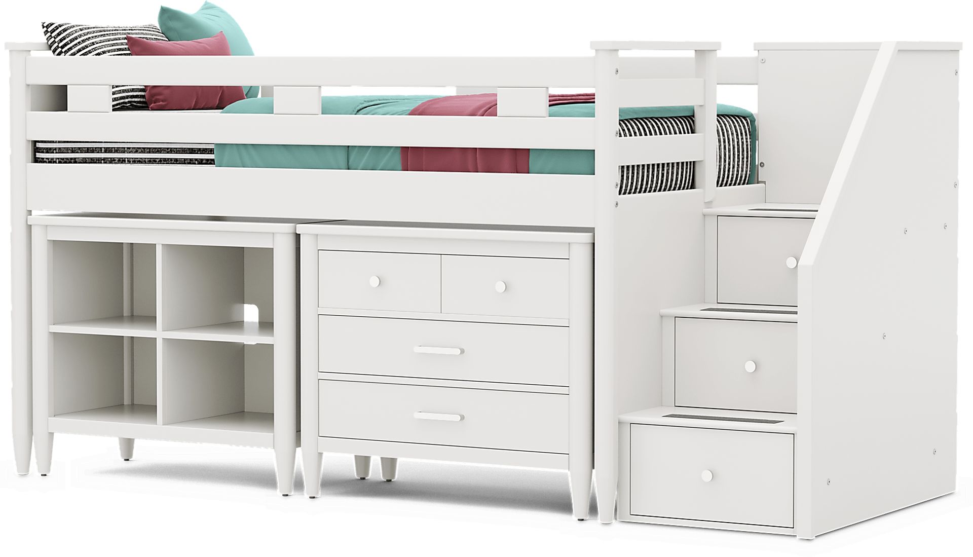Kids Modern Colors White Twin Step Loft with Loft Chest and Bookcase - Image 1