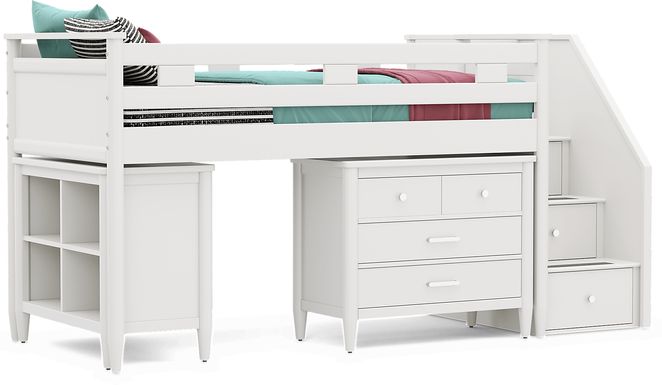 Kids Modern Colors White Twin Step Loft with Loft Chest and Bookcase