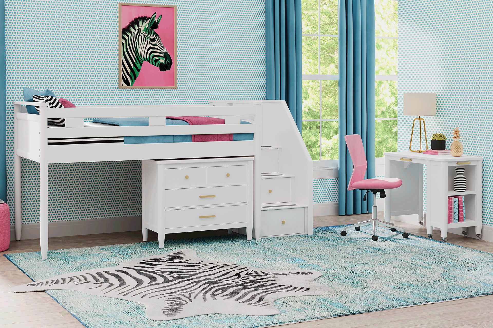 Kids Modern Colors White Twin Step Loft with Loft Chest and Desk - Image 2