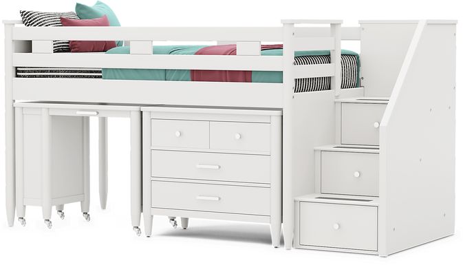 Kids Modern Colors White Twin Step Loft with Loft Chest and Desk