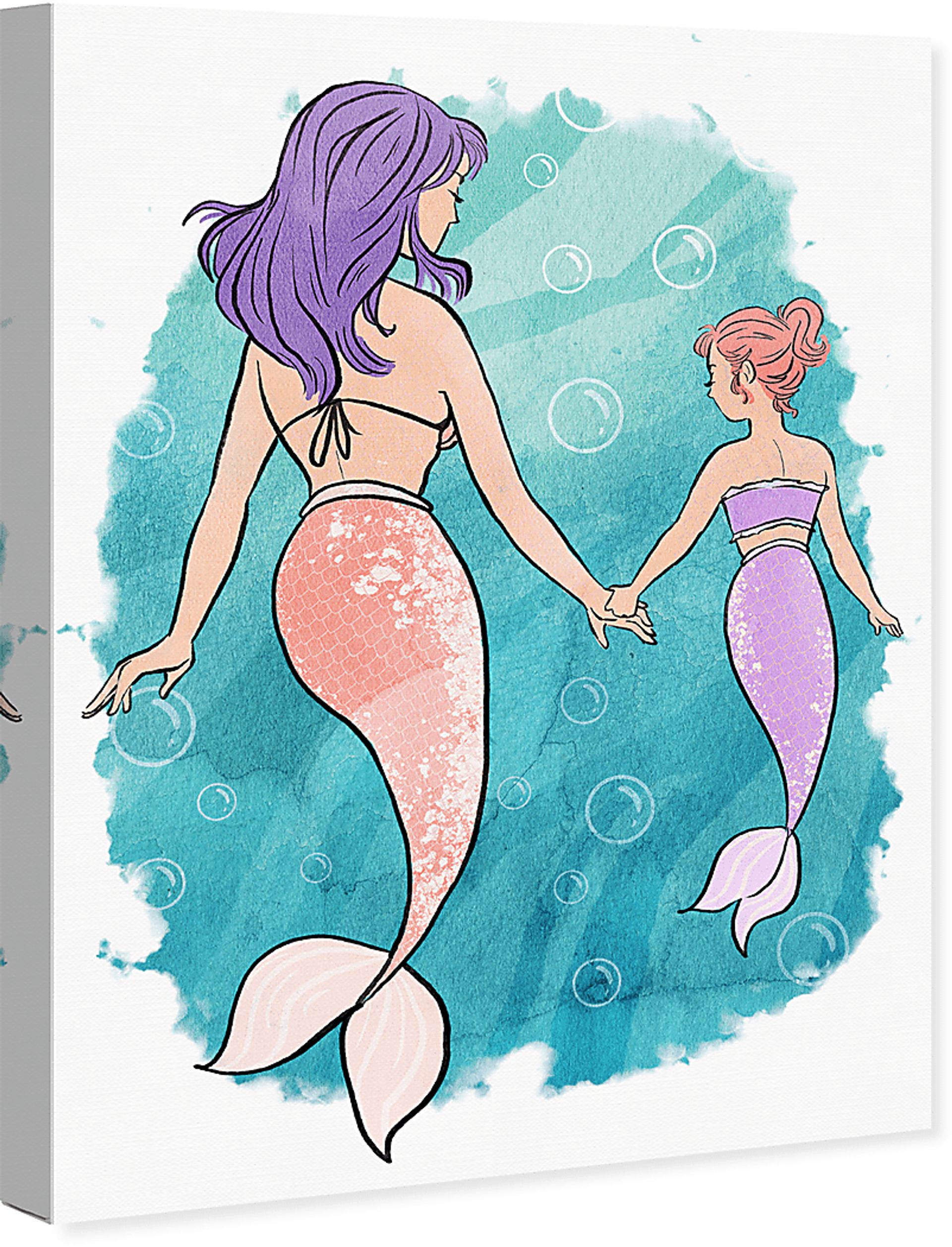 Kids Mommy and Me Mermaids Blue Small Wall Art - Image 2