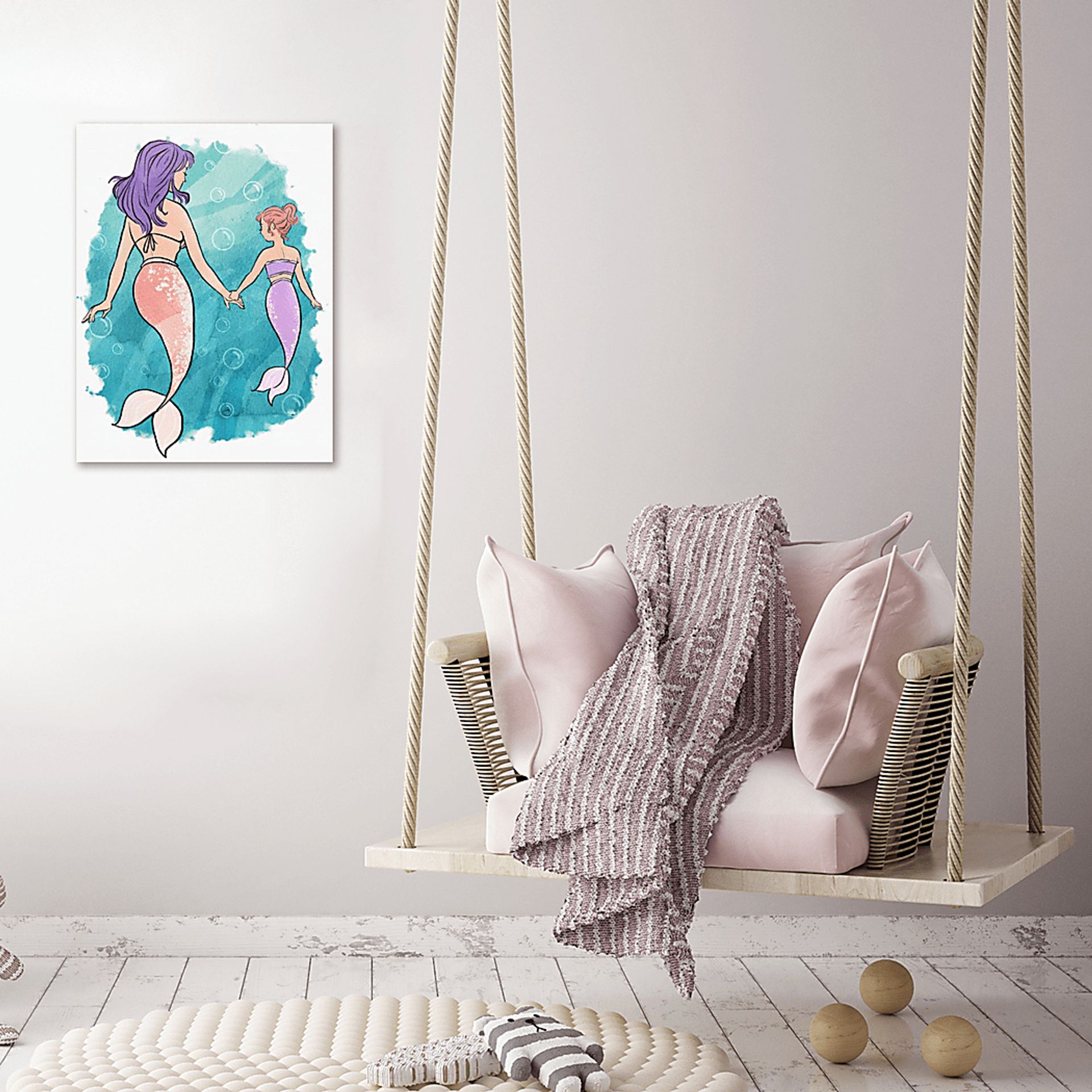 Kids Mommy and Me Mermaids Blue Small Wall Art - Image 3