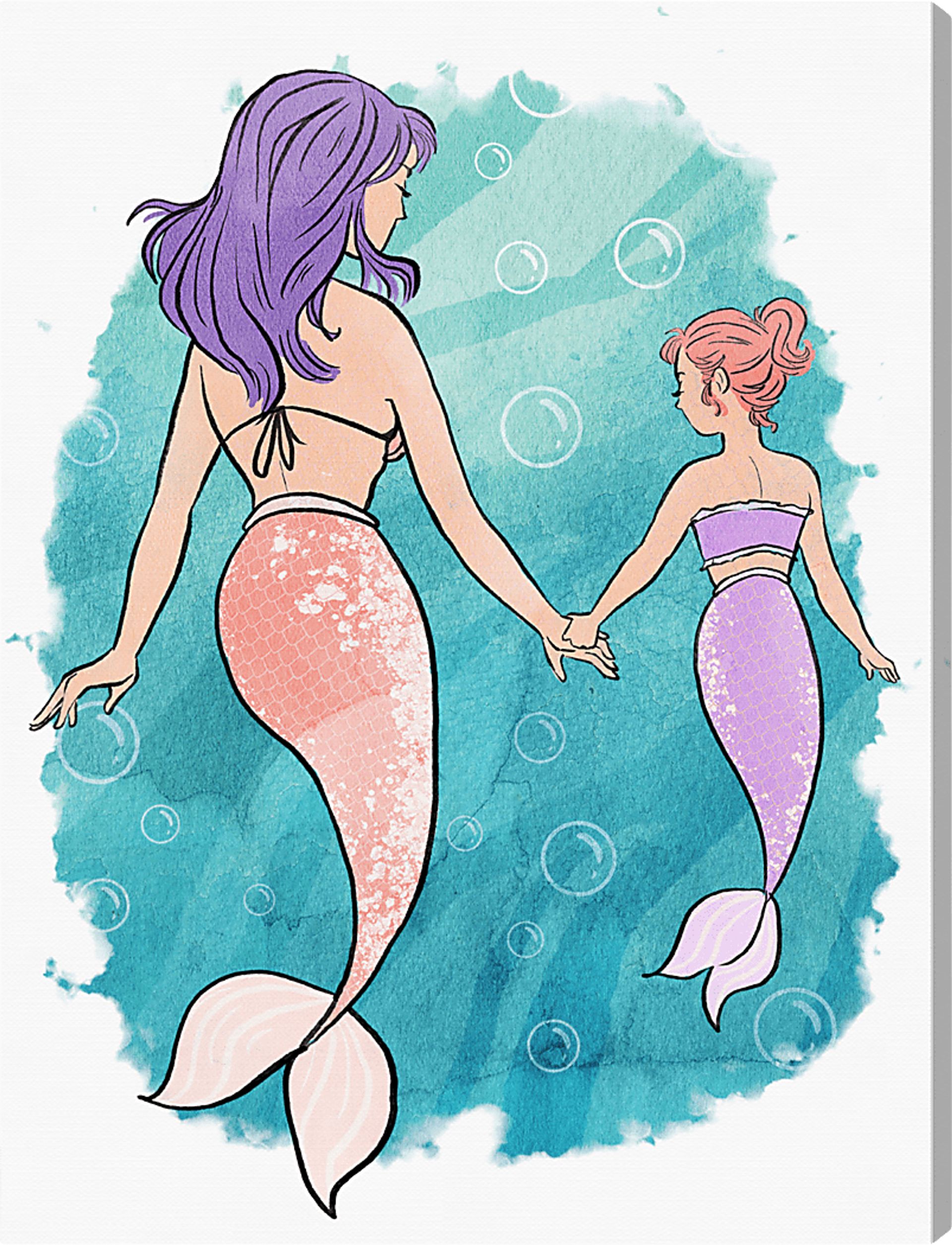 Kids Mommy and Me Mermaids Blue Small Wall Art - Image 1