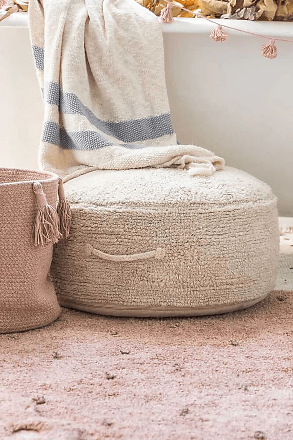 Chillette Natural Beige,White Cotton Fabric Pouf | Rooms to Go