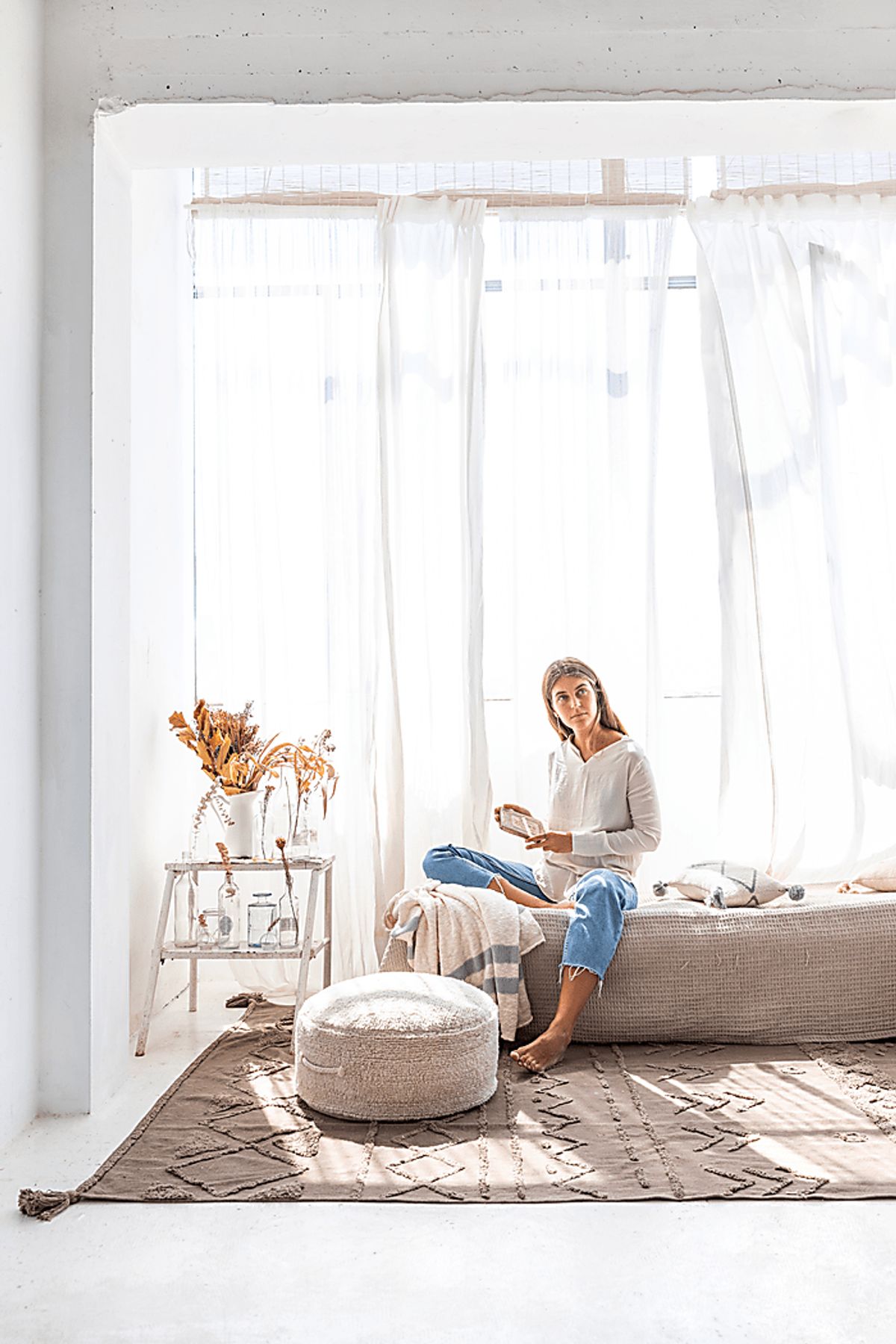 Chillette Natural Beige,White Cotton Fabric Pouf | Rooms to Go
