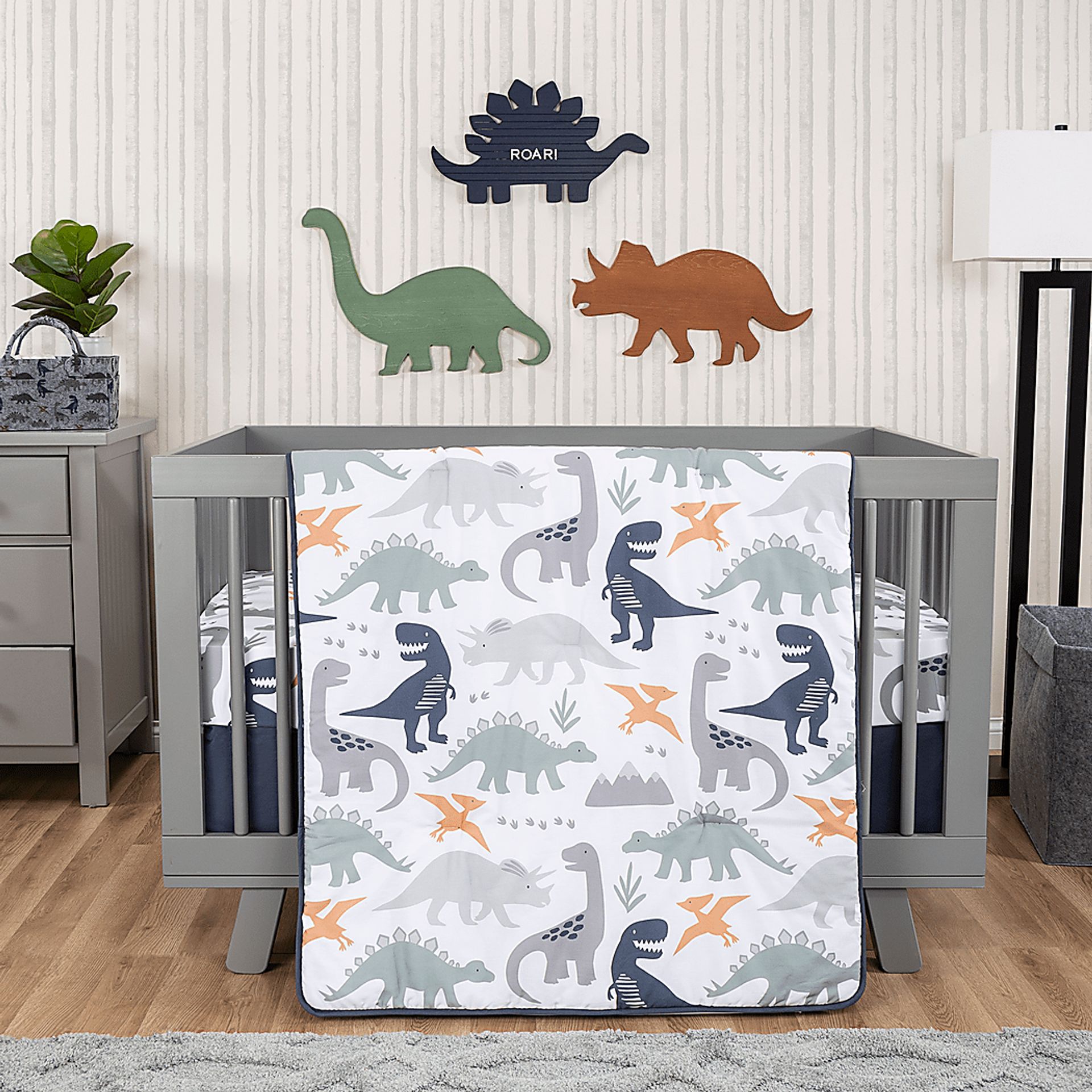 Kids Night Night Dino White Baby Bedding Set - Image 1