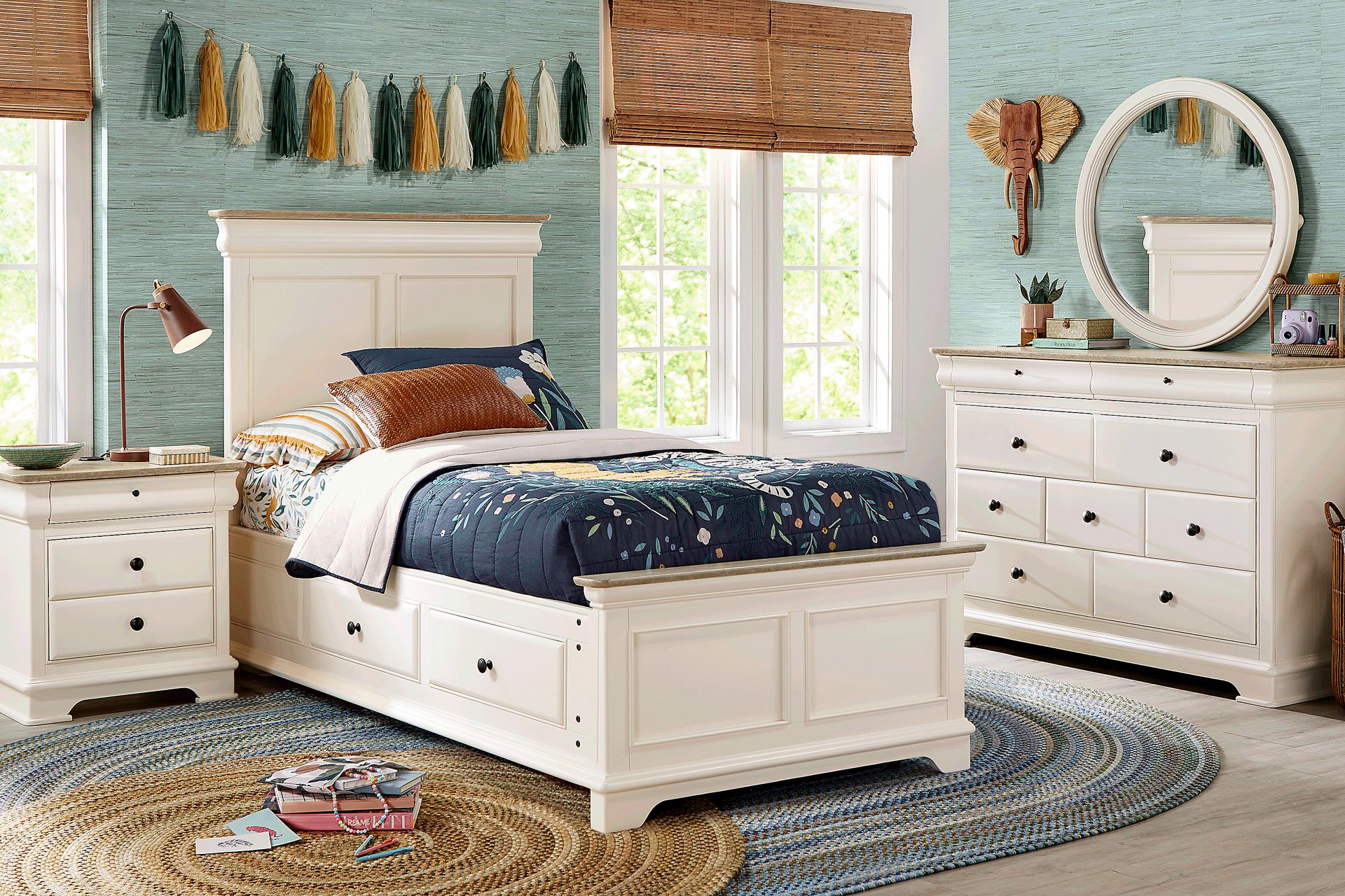 Kids Oberon Cream Twin Panel Bed with Storage Side Rails - Image 2