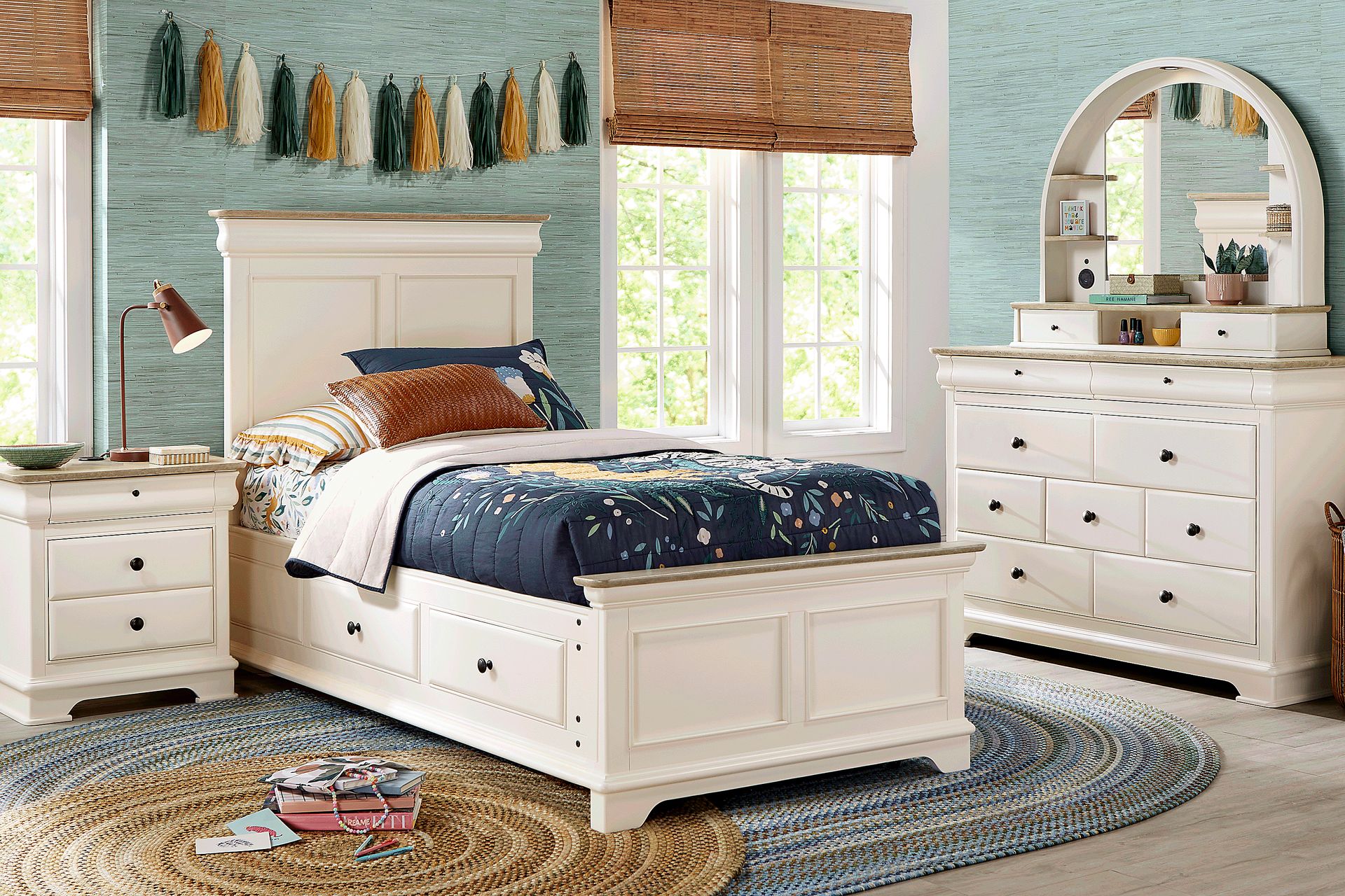 Kids Oberon Cream Twin Panel Bedroom with Storage Side Rails - Image 1