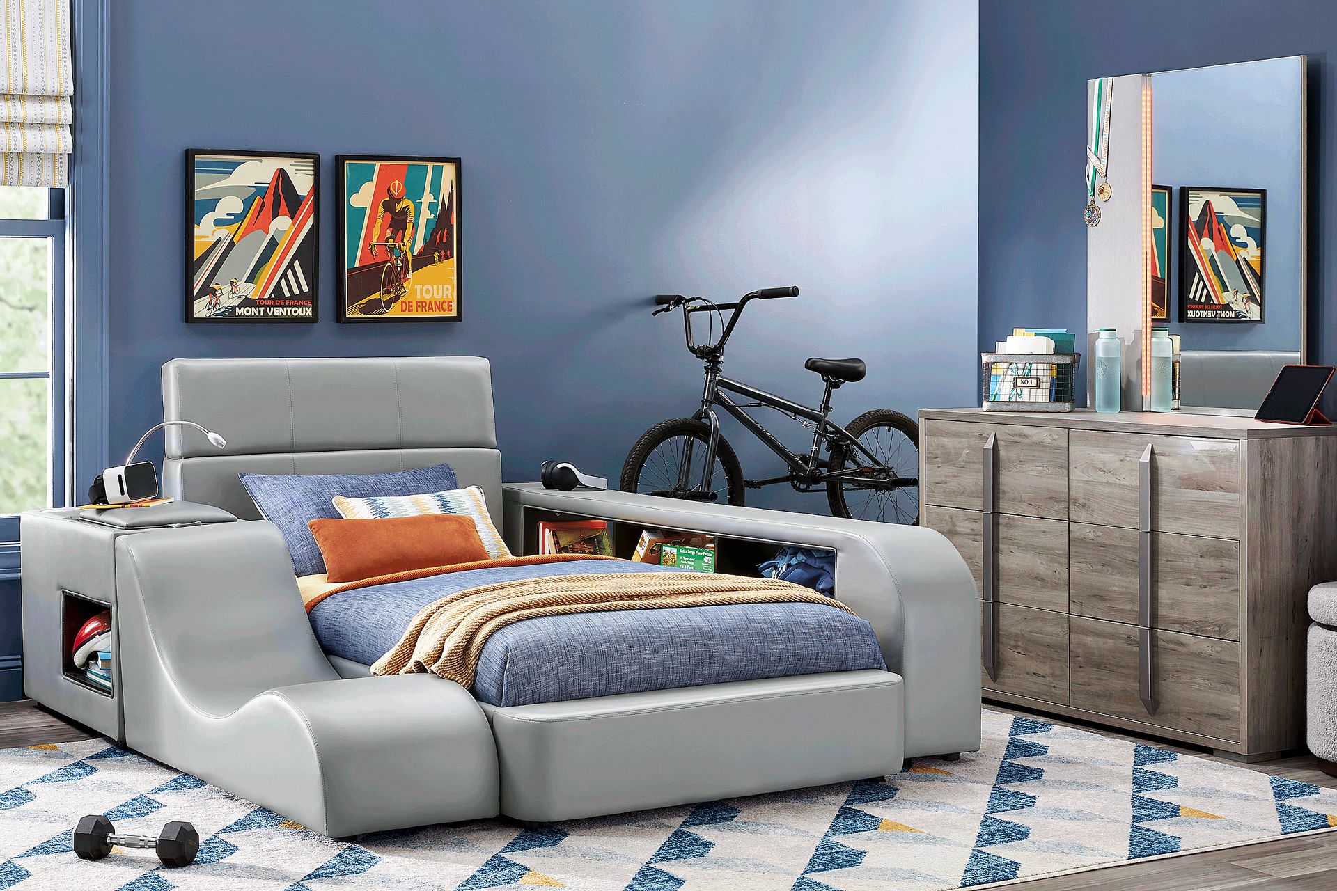 Kids Park Peak Gray Bedroom with Recharged Gray Twin Bed, Nightstand, Lounger and Bookcase - Image 1