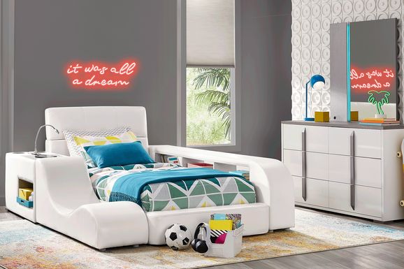 Kids Park Peak White 8 Pc Bedroom with Recharged White Twin Bed, Nightstand, Lounger and Bookcase