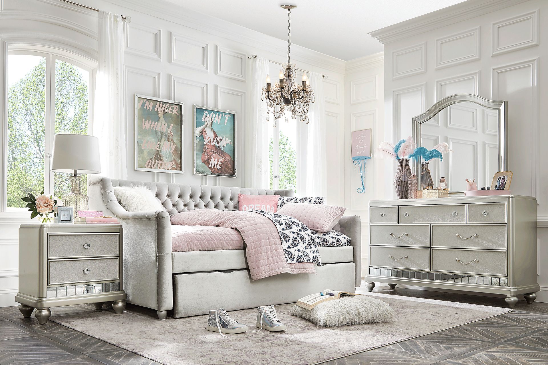 Kids Petit Paris Silver 5 Pc Twin Daybed Upholstered Bedroom - Image 1