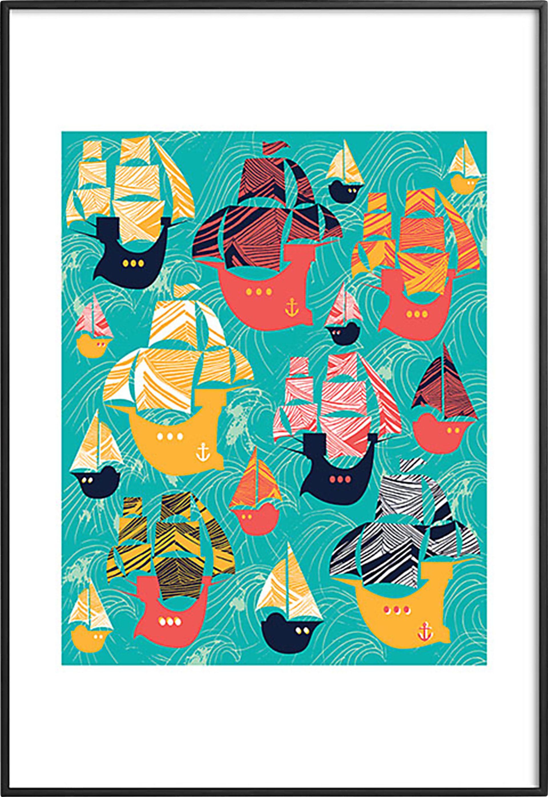Kids Pirate Race Blue Metal Framed Print - Image 1