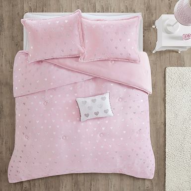 Kids Plush Hearts Pink Full/Queen Comforter Set