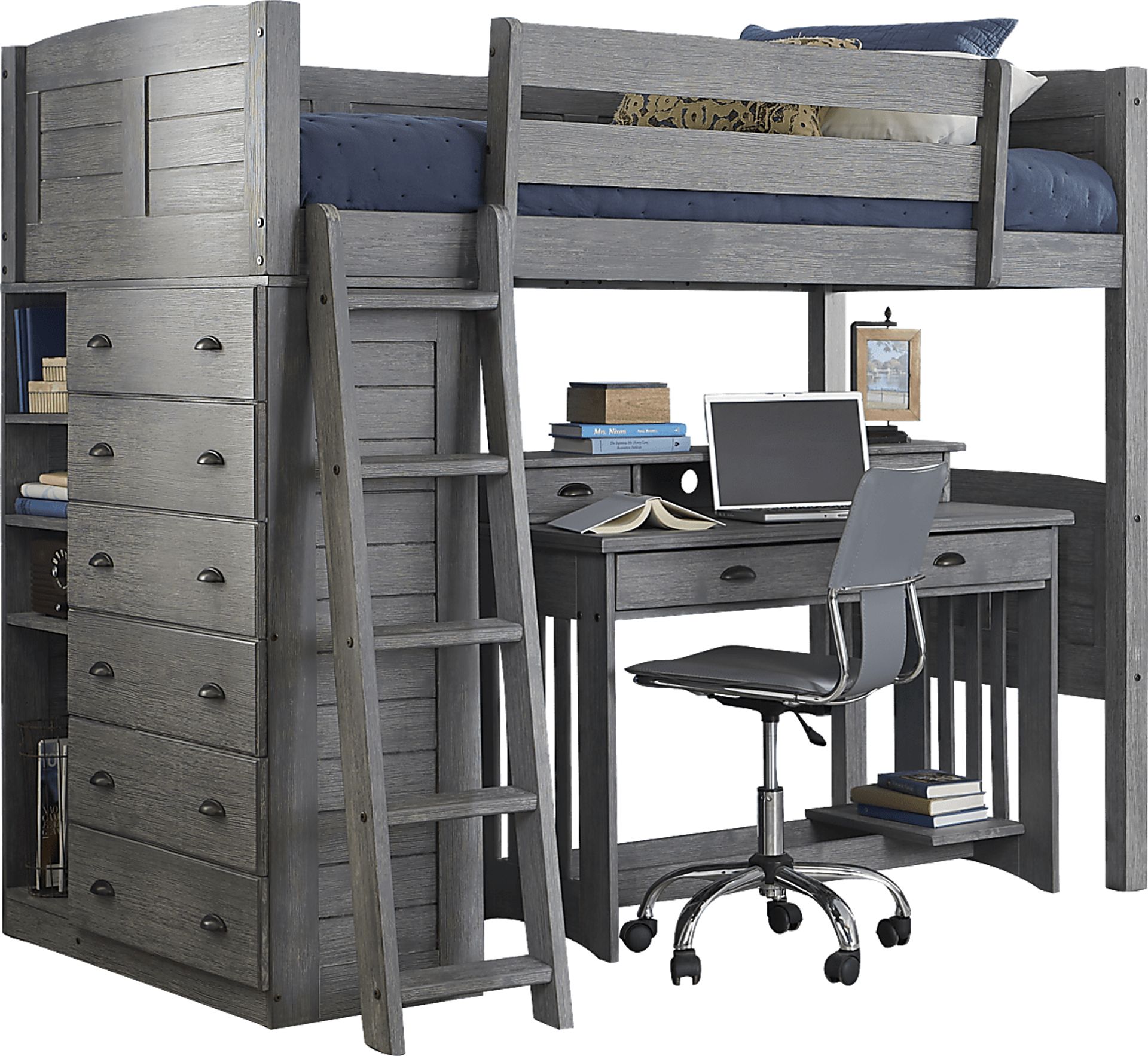 Kids Portside Gray Twin Loft Bed with Desk and Hutch - Image 1