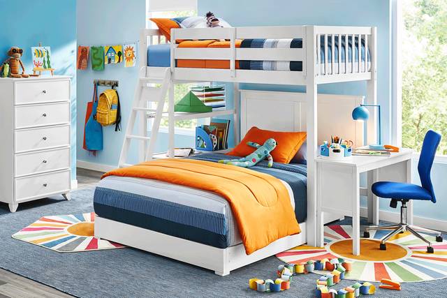 Kids Preston Place White Twin/Full Loft Bedroom with Chest, Desk & Bookshelf - Thumbnail - Image 1