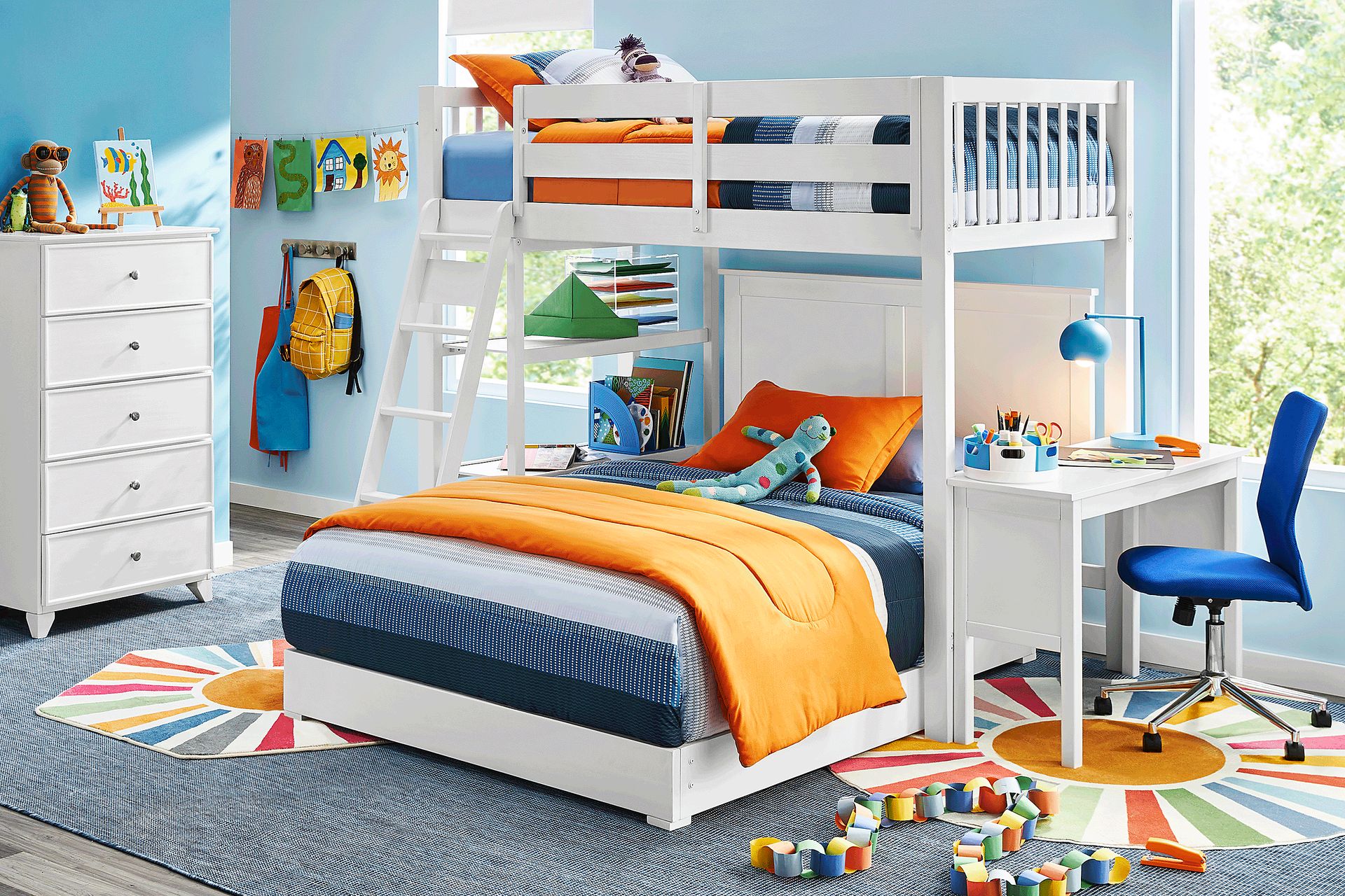 Kids Preston Place White Twin/Full Loft Bedroom with Chest, Desk & Bookshelf - Image 1