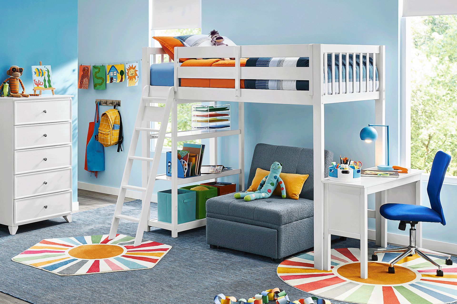 Kids Preston Place White Twin Loft Bedroom with Desk, Bookshelf & Chest - Image 1