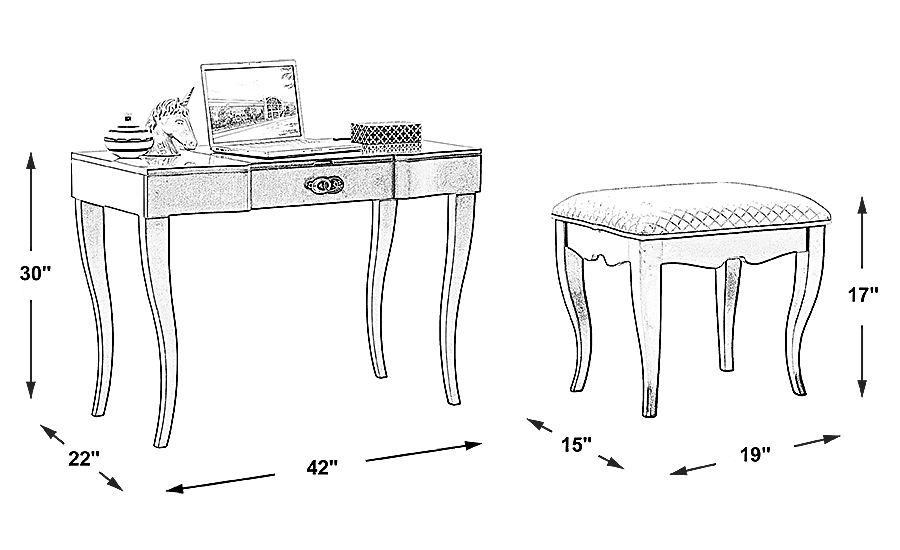 desk: 42"w x 22"d x 30"h, stool: 19"w x 15"d x 17"h