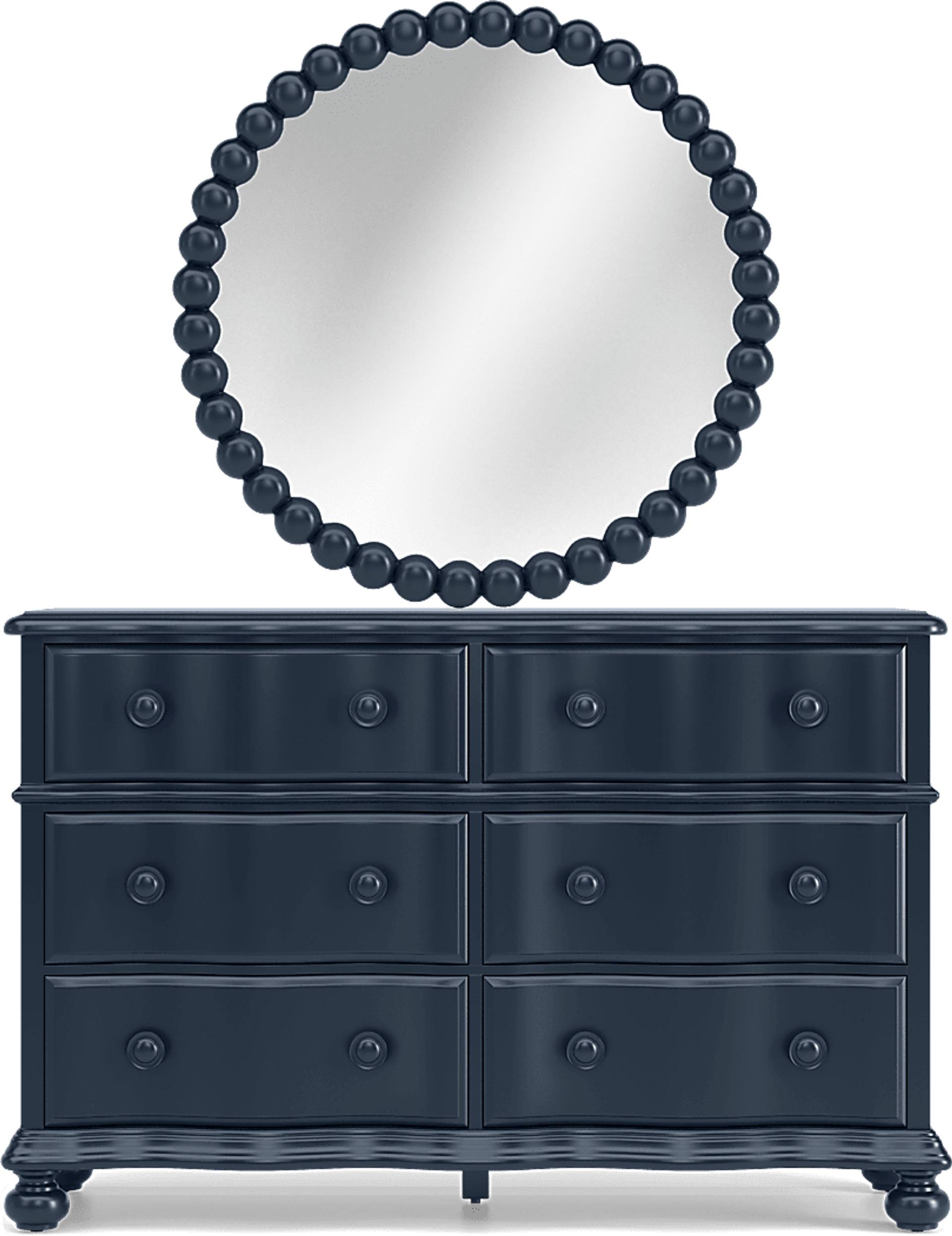 blue round mirror and dresser
