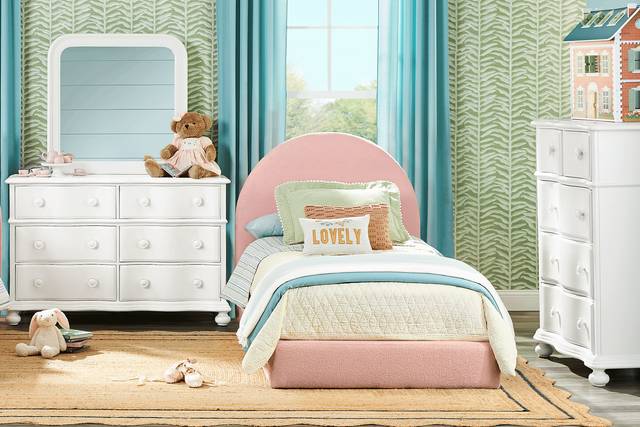 Kids San Simeon White Bedroom with Moonstone Pink Queen Upholstered Bed - Thumbnail - Image 1