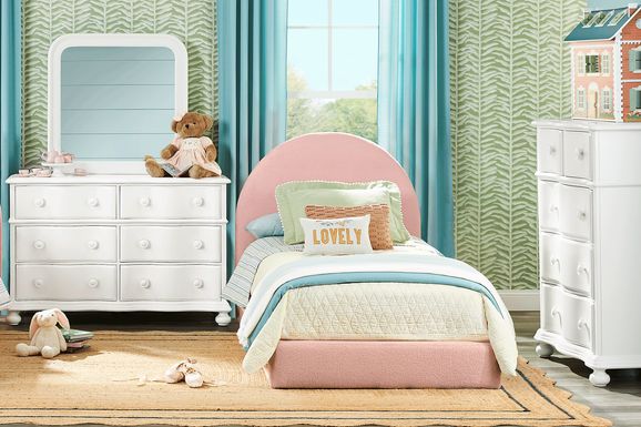 Kids San Simeon White 5 Pc Bedroom with Moonstone Pink Twin Upholstered Bed