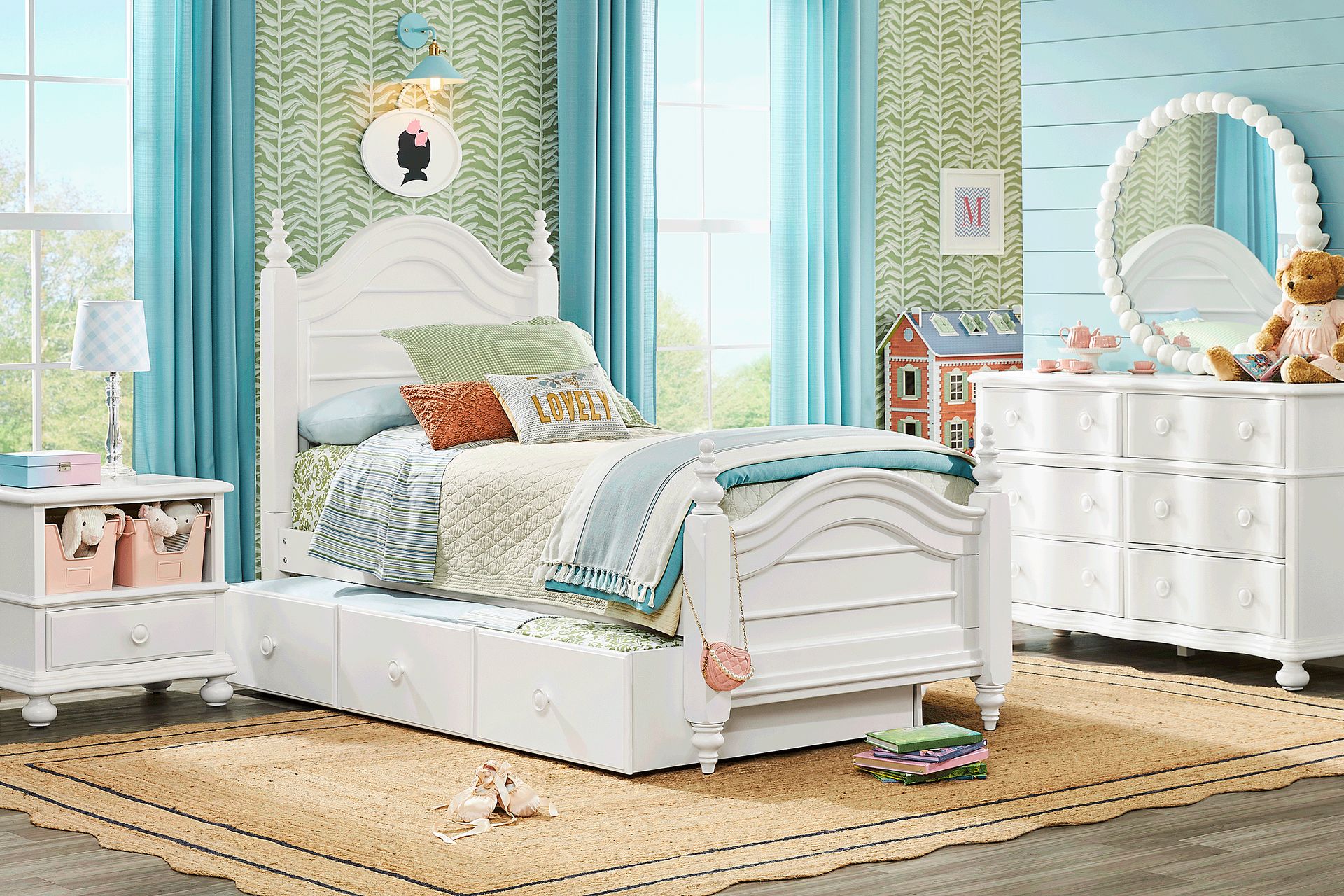 San Simeon 5 Pc White Colors White Twin Bedroom Set With Twin Bed Dresser Round Mirror Rooms to Go