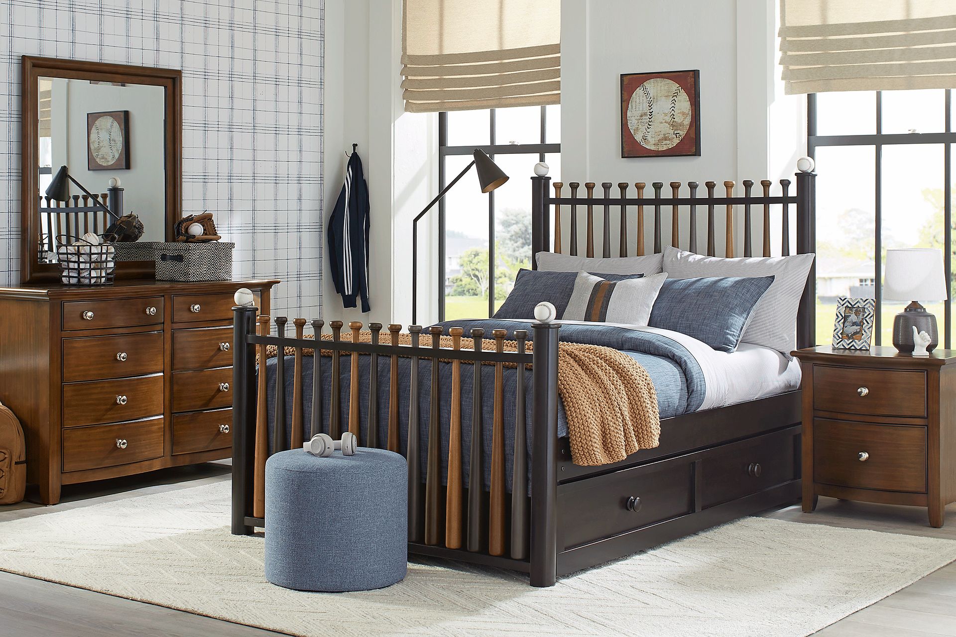 Kids Santa Cruz Brown Cherry Bedroom with Batter Up Stained Full Baseball Bat Bed - Image 1