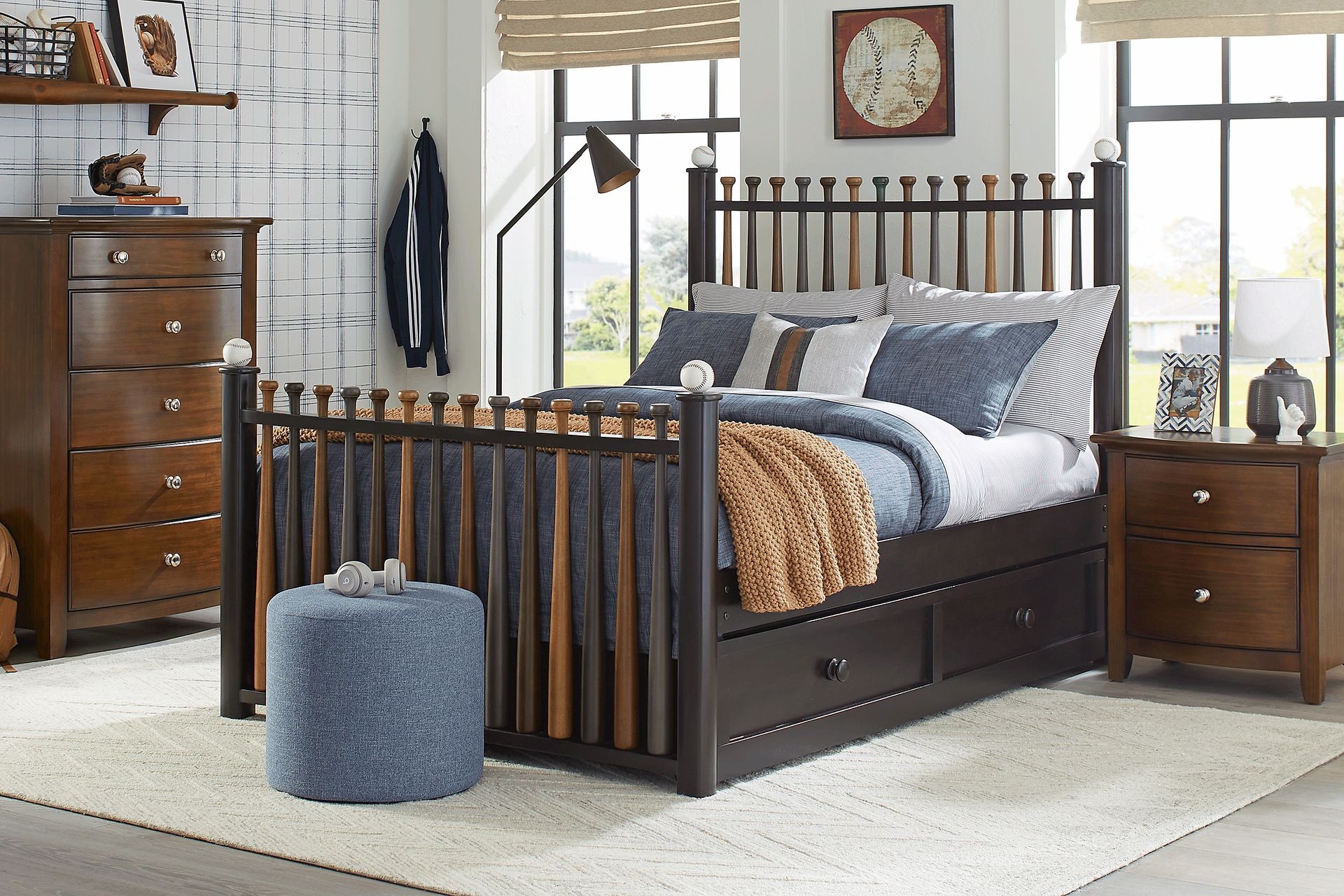 Kids Santa Cruz Brown Cherry Bedroom with Batter Up Stained Twin Baseball Bat Bed - Image 1