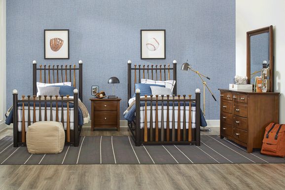 Kids Santa Cruz Brown Cherry 8 Pc Bedroom with 2 Batter Up Stained Twin Baseball Bat Beds