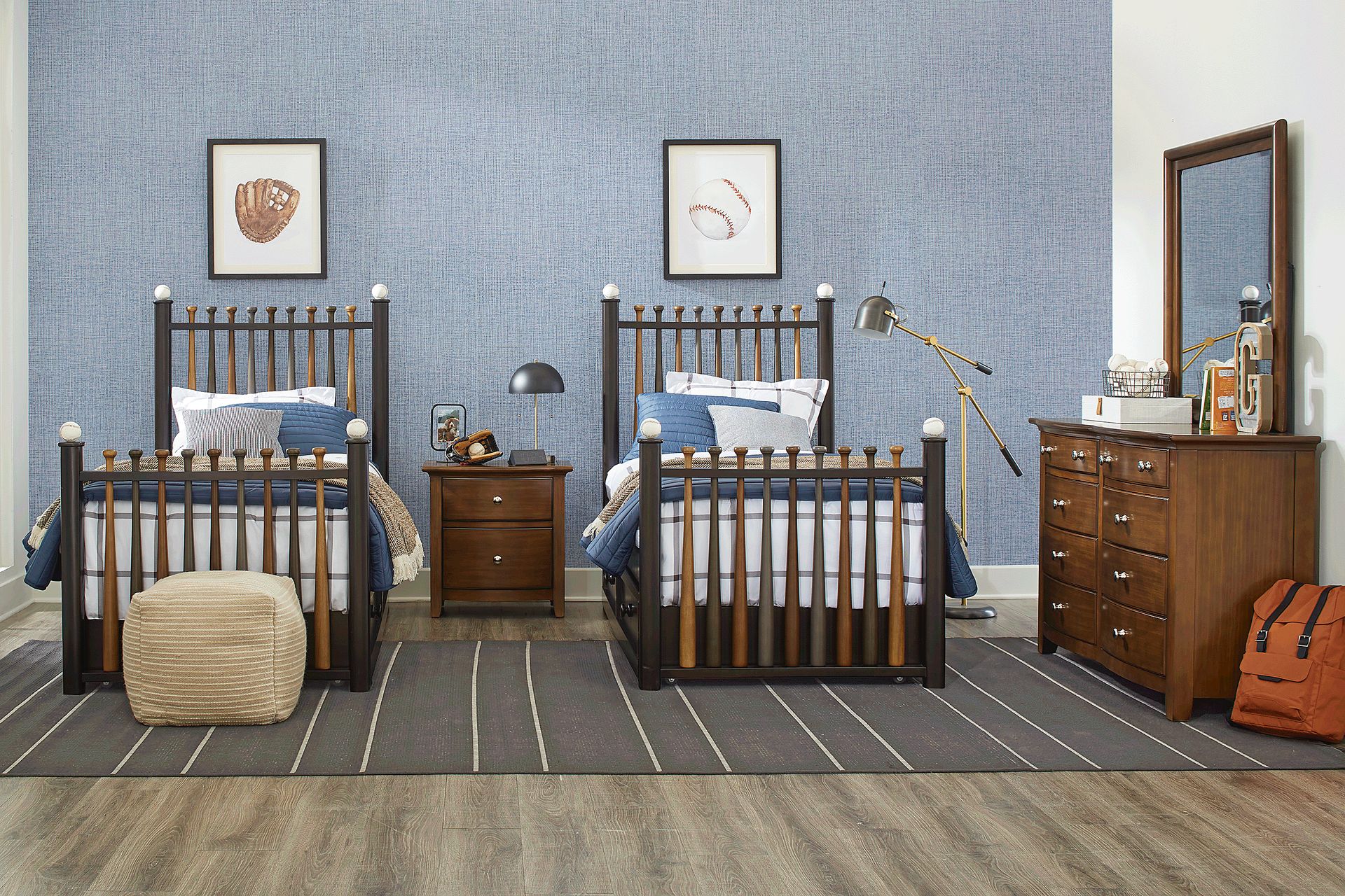 Kids Santa Cruz Brown Cherry Bedroom with 2 Batter Up Stained Twin Baseball Bat Beds - Image 1