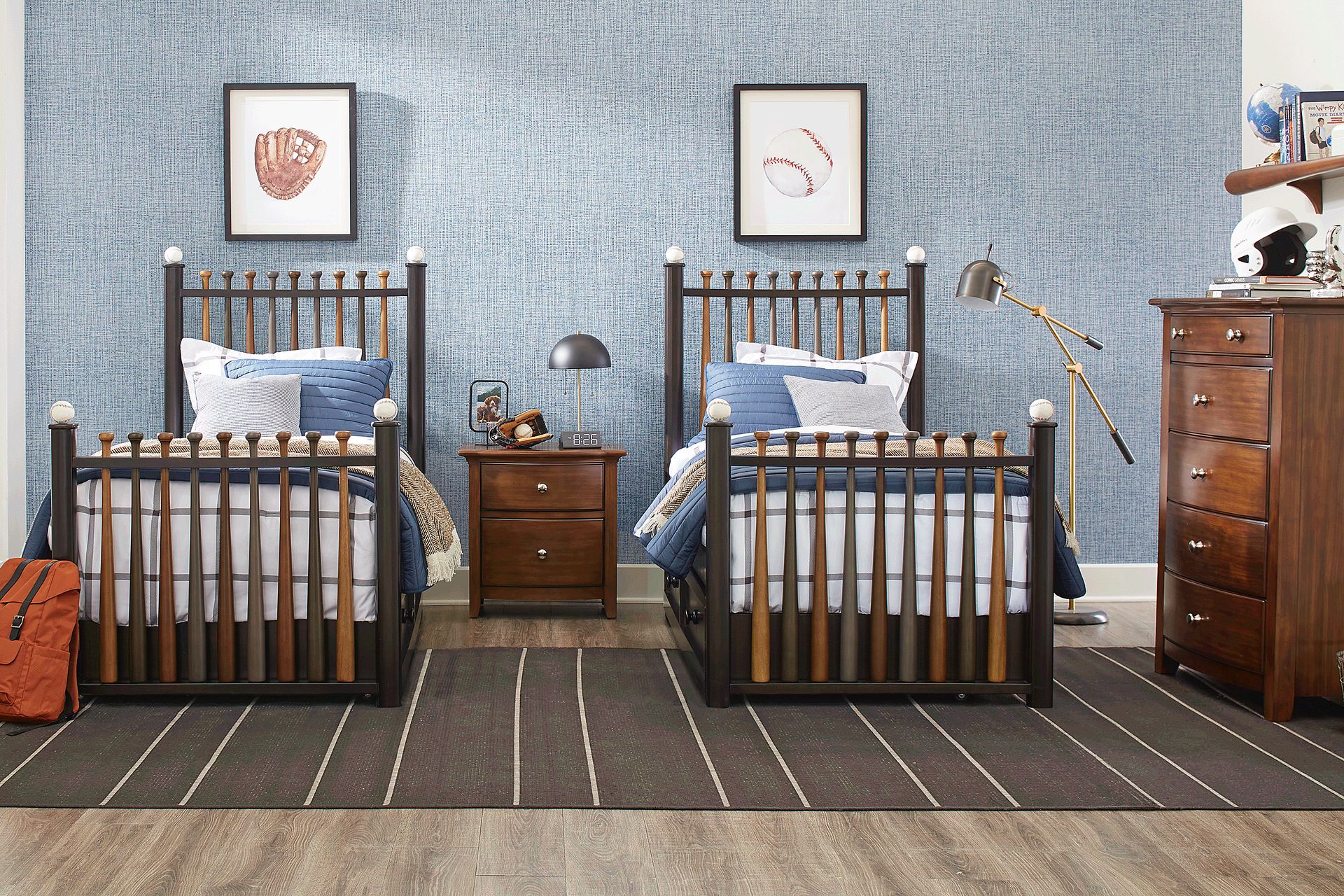 Kids Santa Cruz Brown Cherry Bedroom with 2 Batter Up Stained Twin Baseball Bat Beds - Image 1