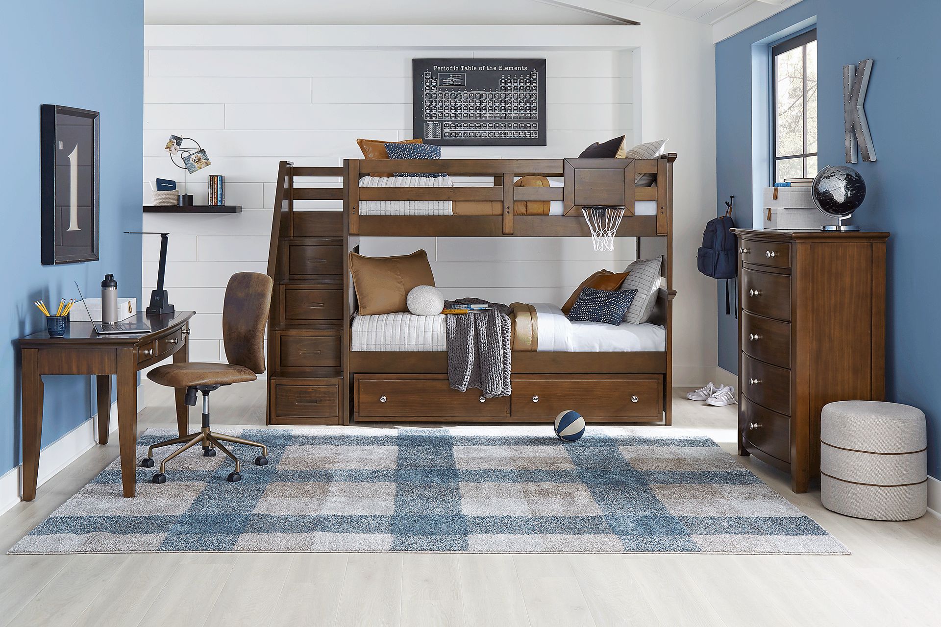 Kids Santa Cruz Brown Cherry Twin/Twin Step Bunk Bed with Basketball Hoop - Image 2