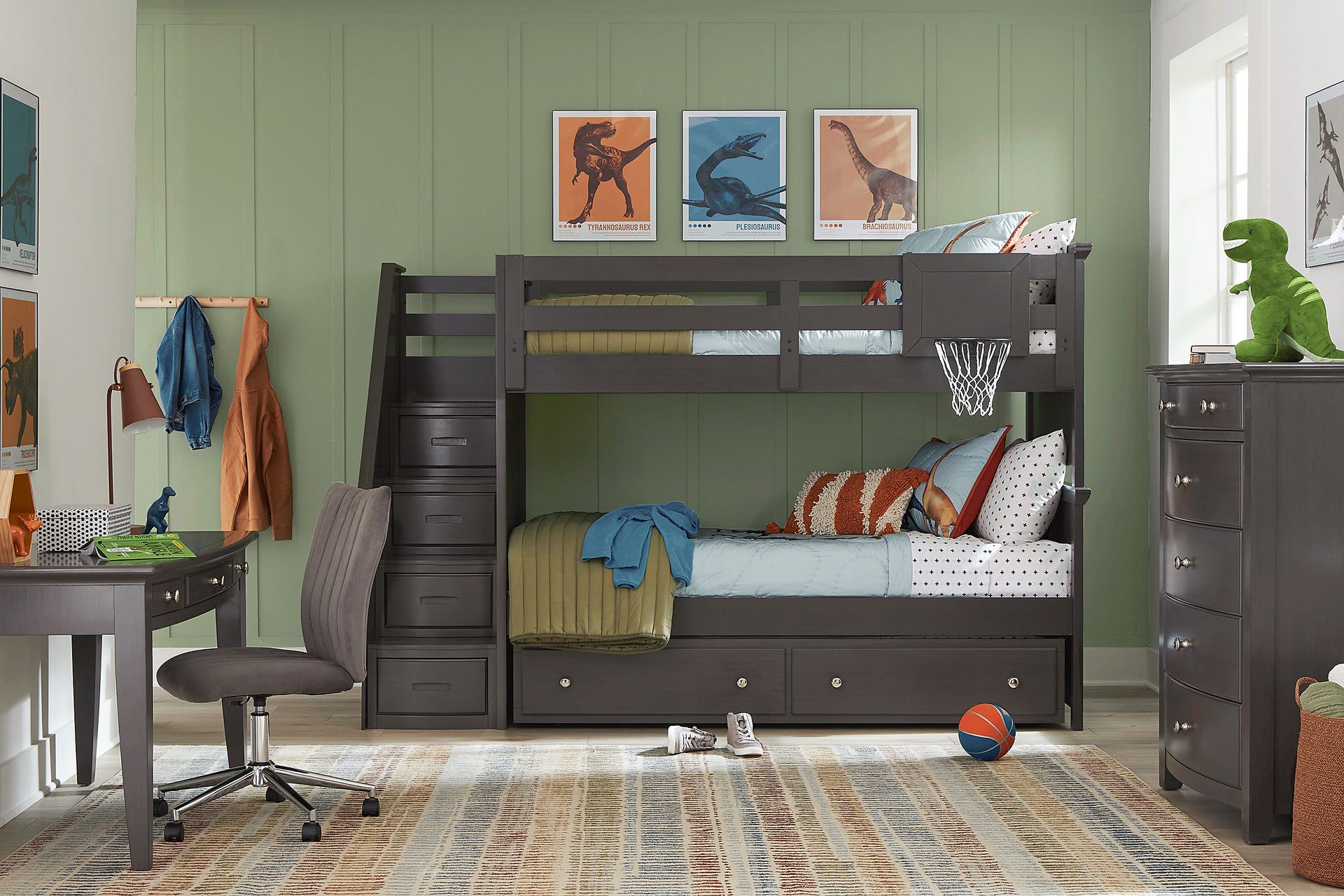 Kids Santa Cruz Gray Twin/Twin Step Bunk Bed with Basketball Hoop - Image 2