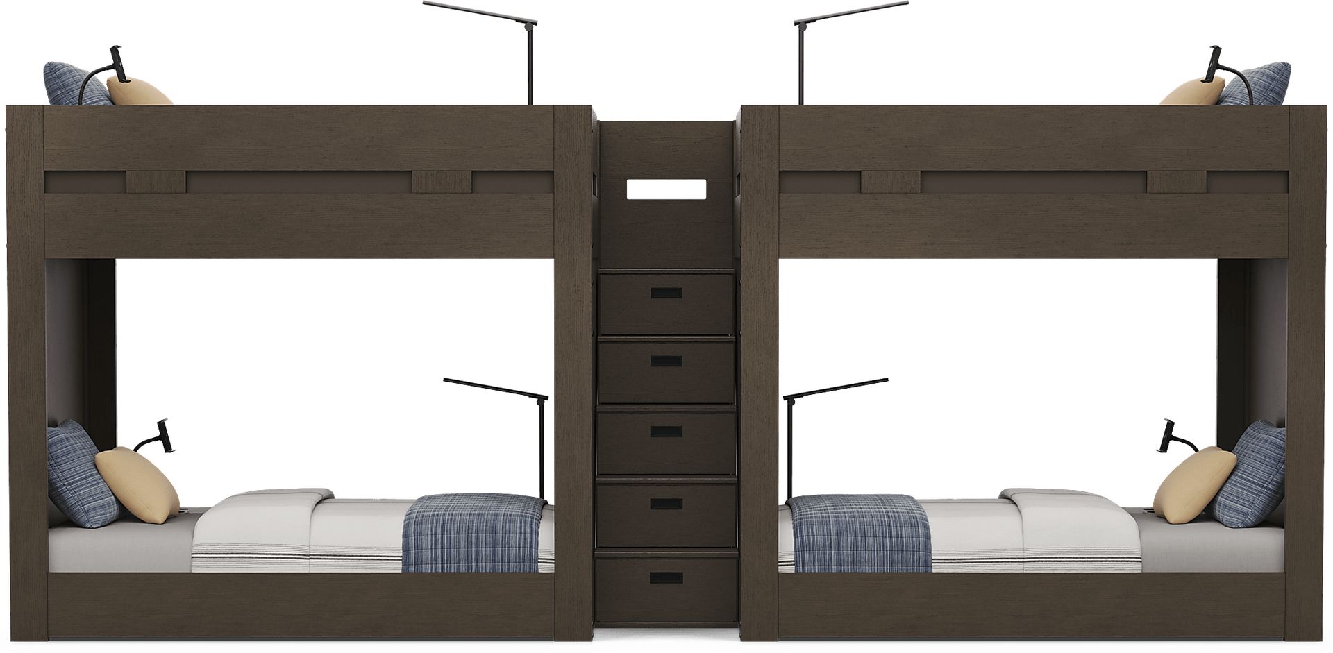 Kids Sierra Summit Brown Oak Twin/Twin Double Length Quad Step Bunk Bed with 4 Tech Consoles - Image 2