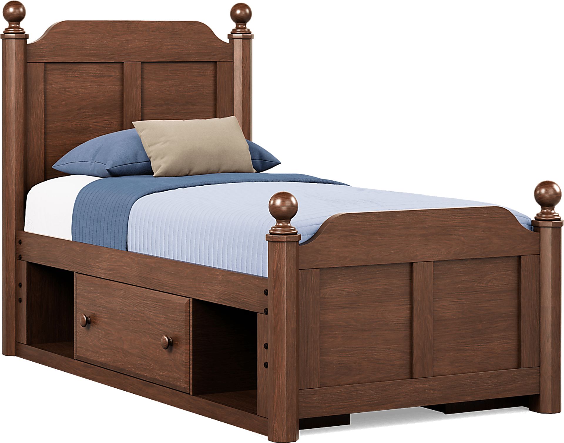 Kids South Bend Brown Cherry Twin Poster Bed with 2 Storage Side Rails - Image 1