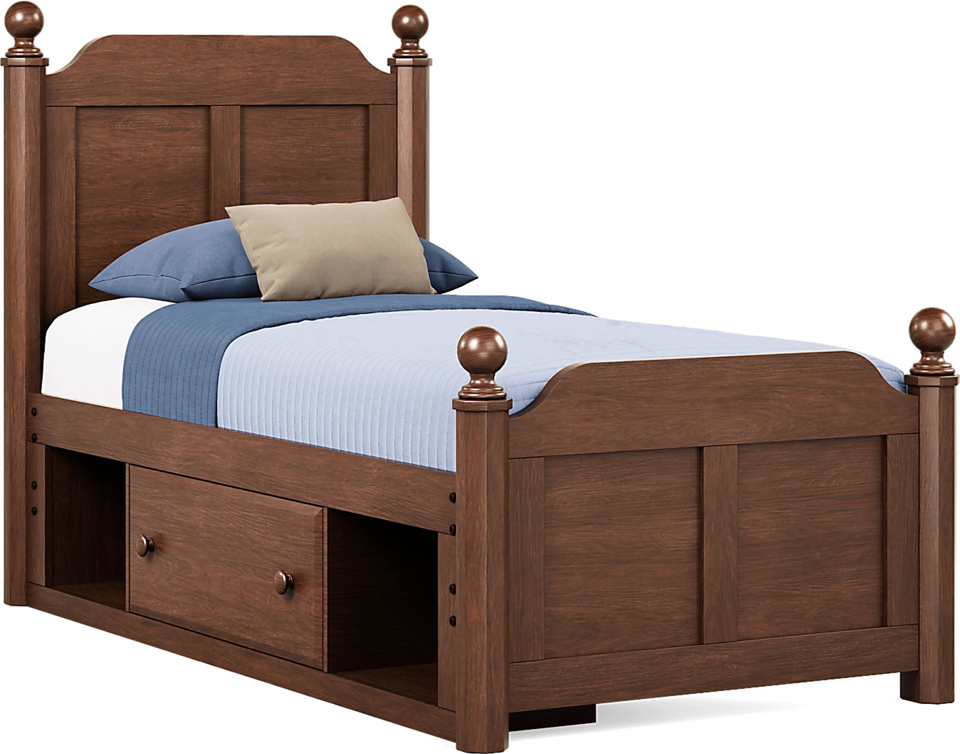 Kids South Bend Brown Cherry Twin Poster Bed with Storage Side Rail - Image 1