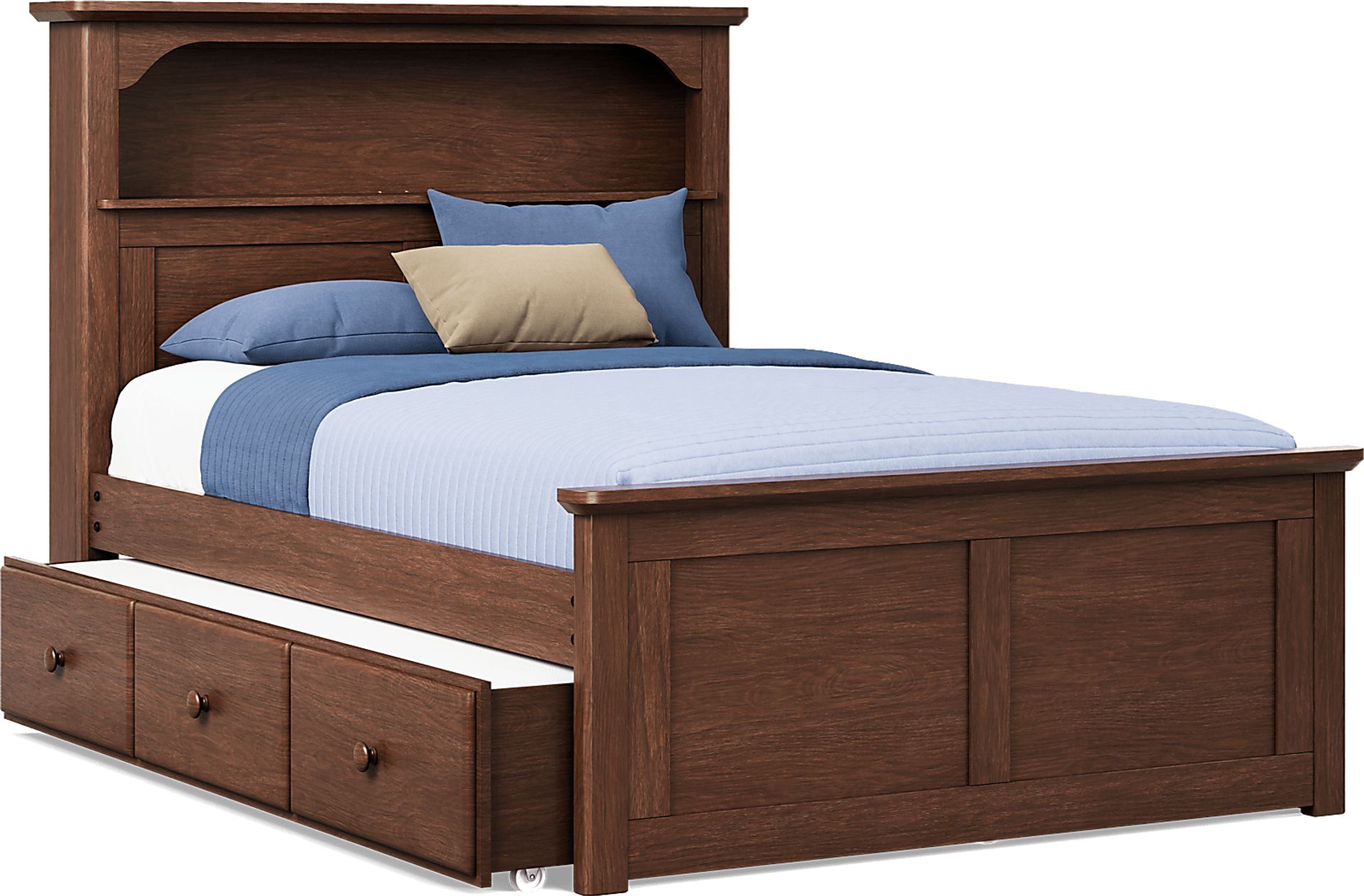 Kids South Bend Brown Cherry 4 Pc Full Bookcase Bed with Storage Side Rail and Twin Storage Trundle - Image 1