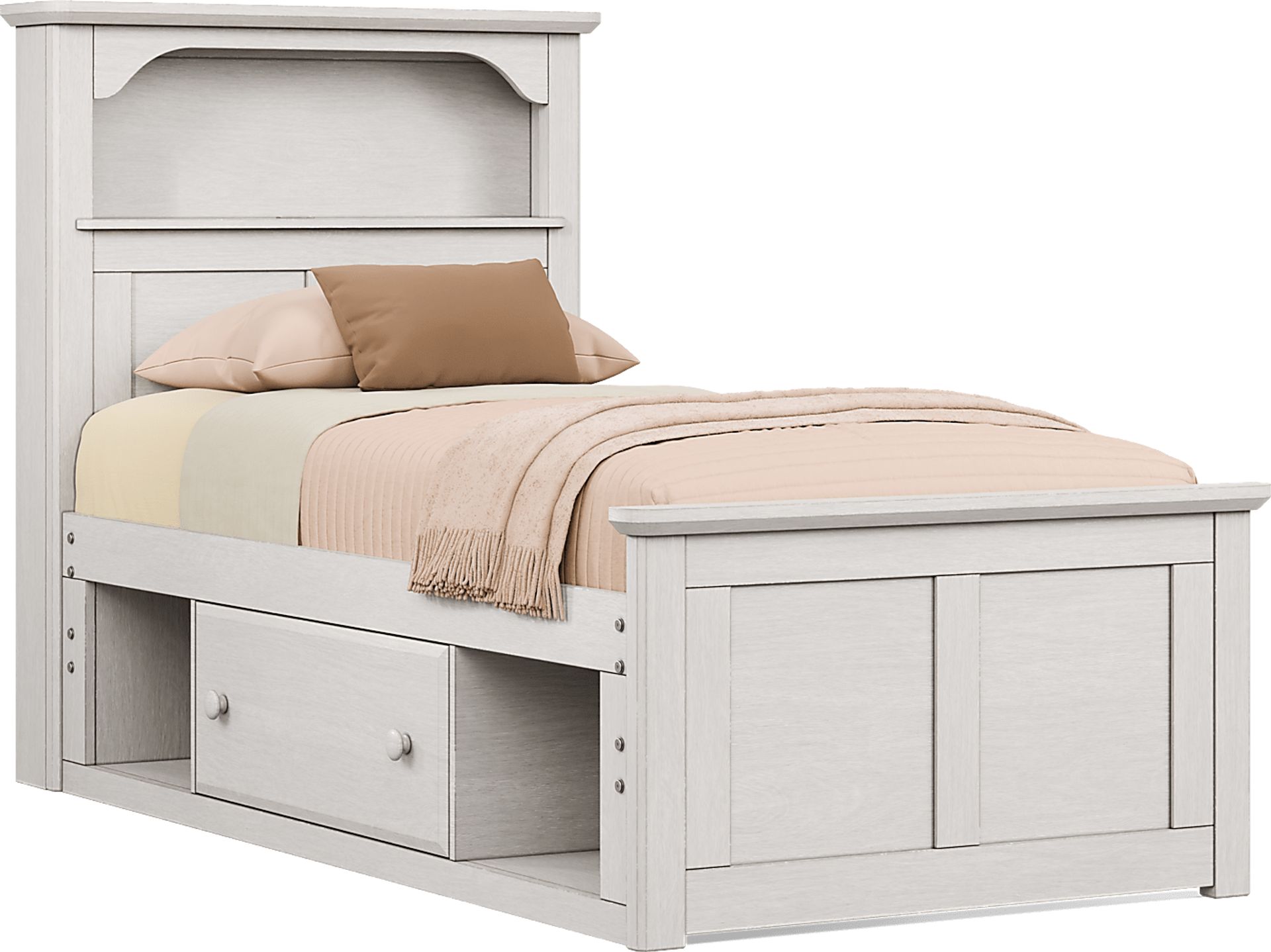Kids South Bend Washed White Twin Bookcase Bed with Storage Side Rail - Image 1