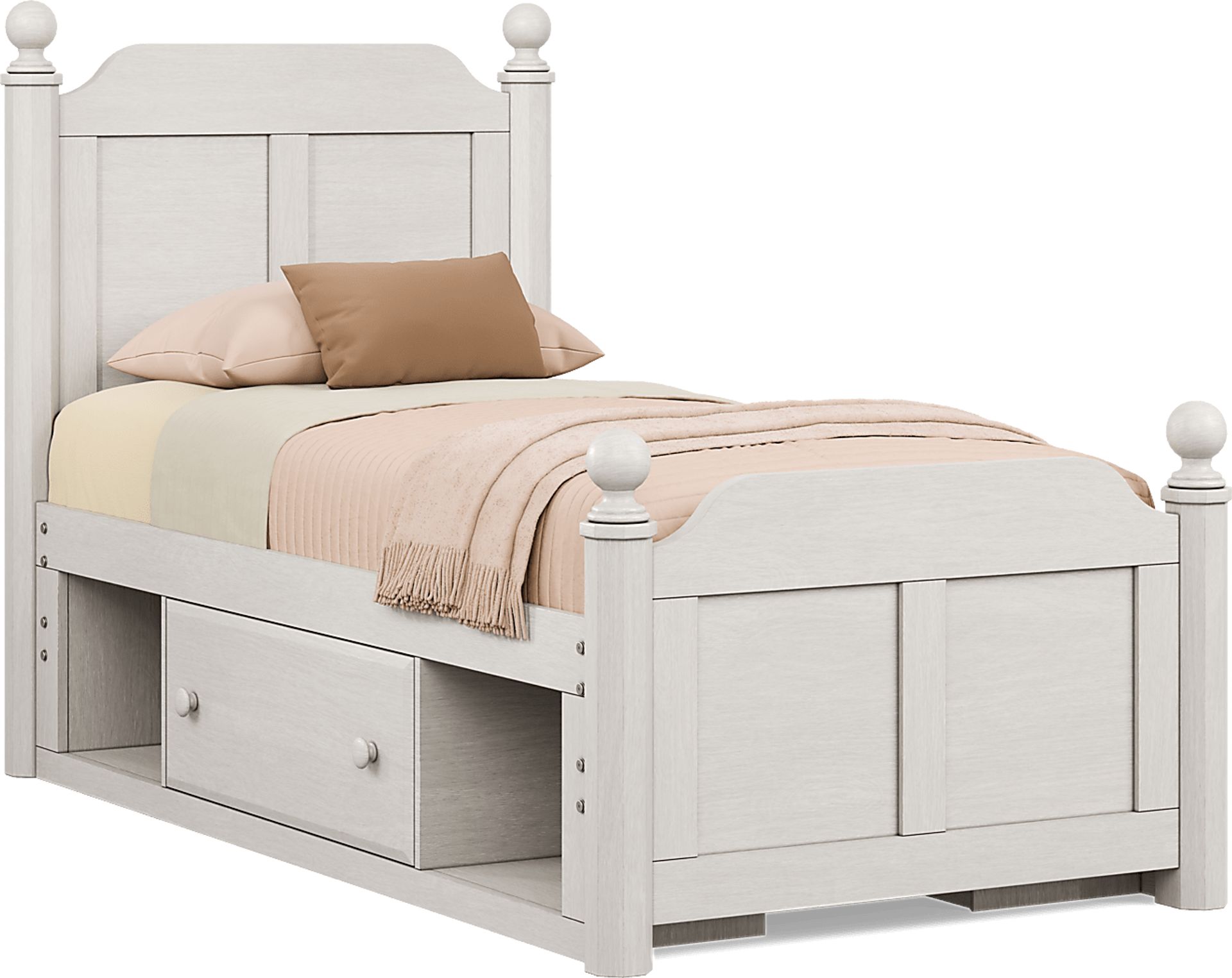 Kids South Bend Washed White Twin Poster Bed with 2 Storage Side Rails - Image 1
