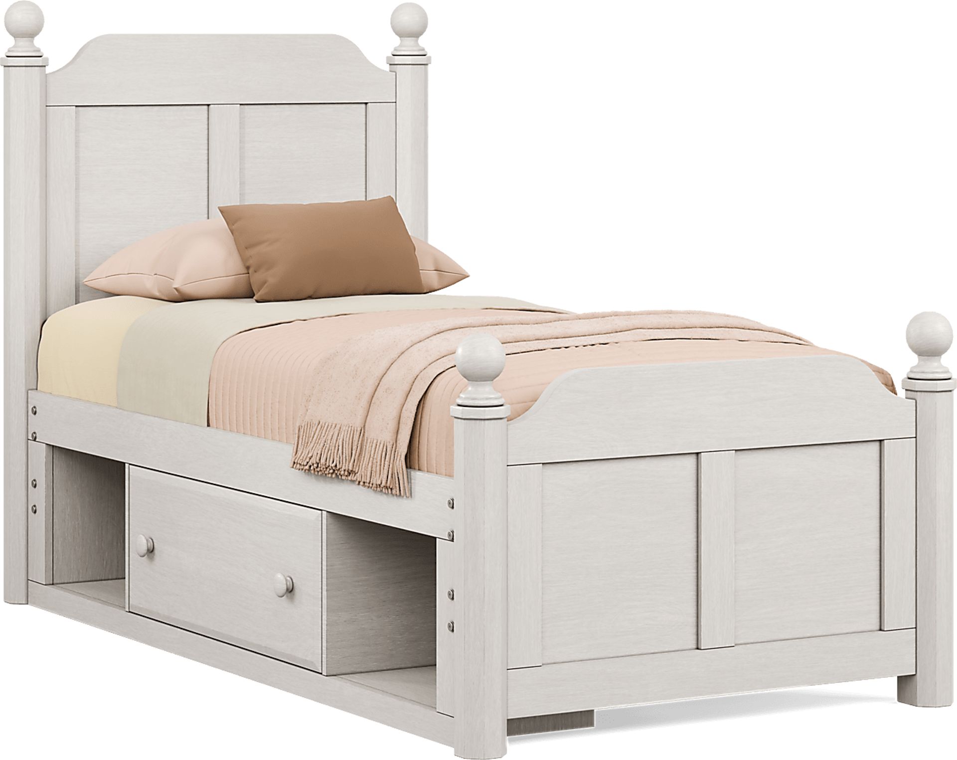 Kids South Bend Washed White Twin Poster Bed with Storage Side Rail - Image 1