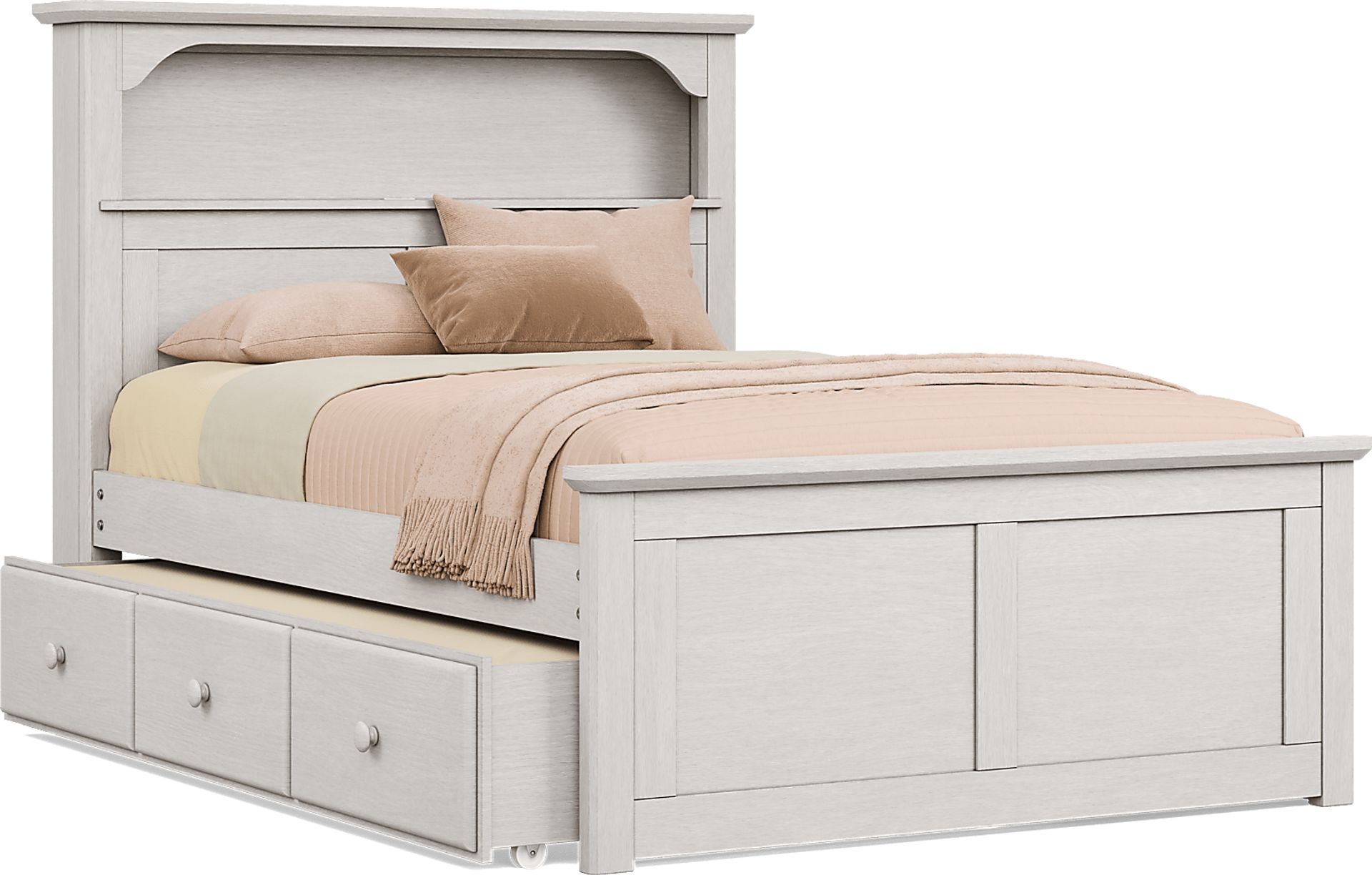 Kids South Bend Washed White 4 Pc Full Bookcase Bed with Storage Side Rail and Twin Storage Trundle - Image 1